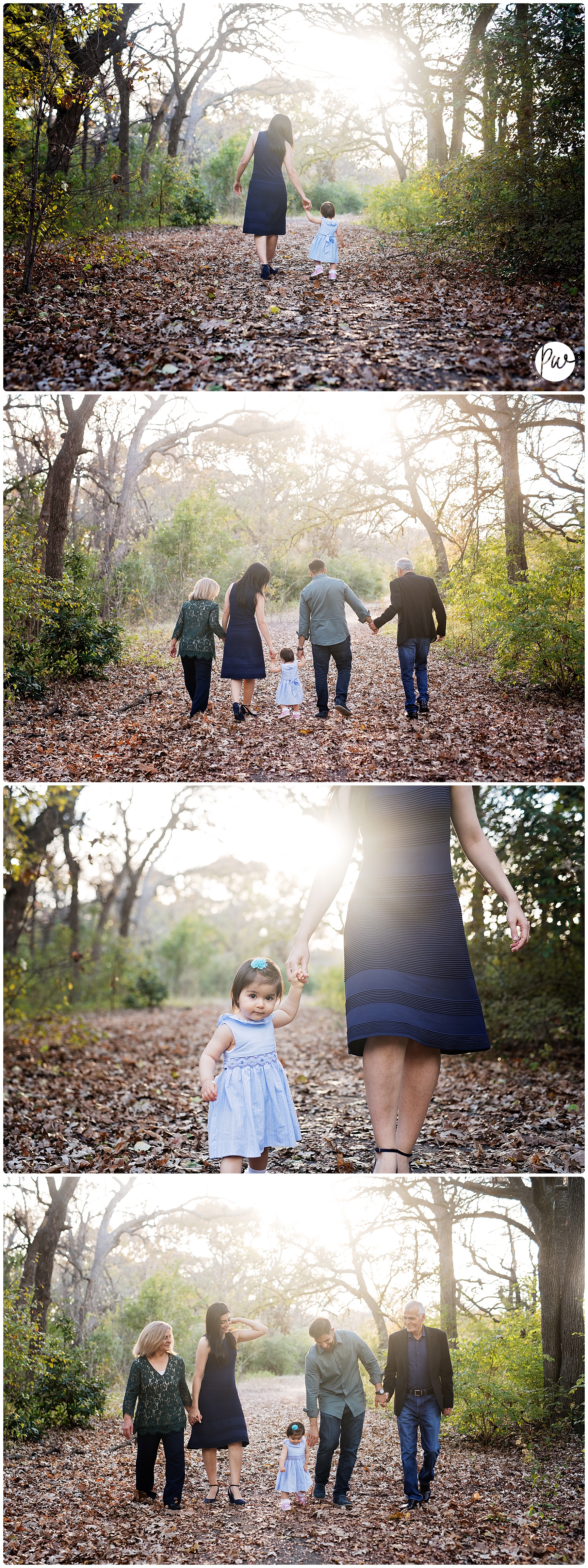 family of three with their grandparents walking down a trail holding hands