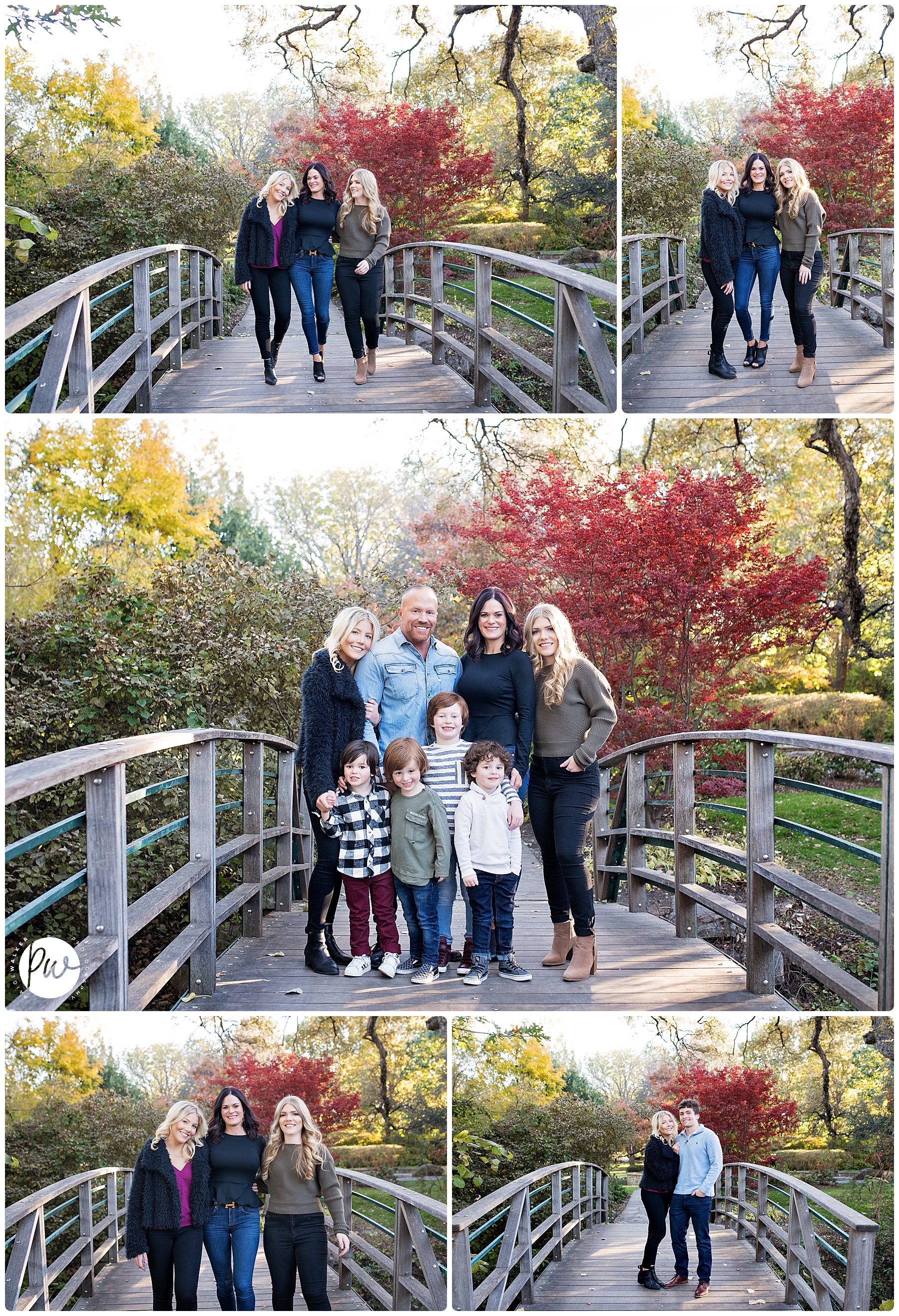 large family standing on a bridge 