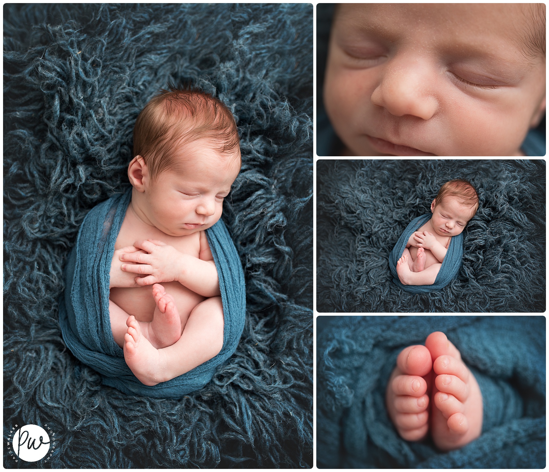newborn baby wrapped in blue on a blue rug