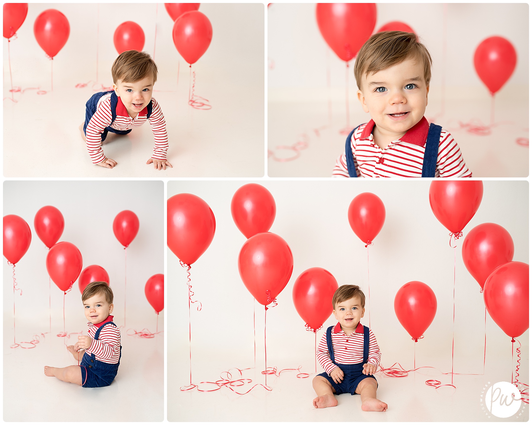 one year old boy surrounded by balloons