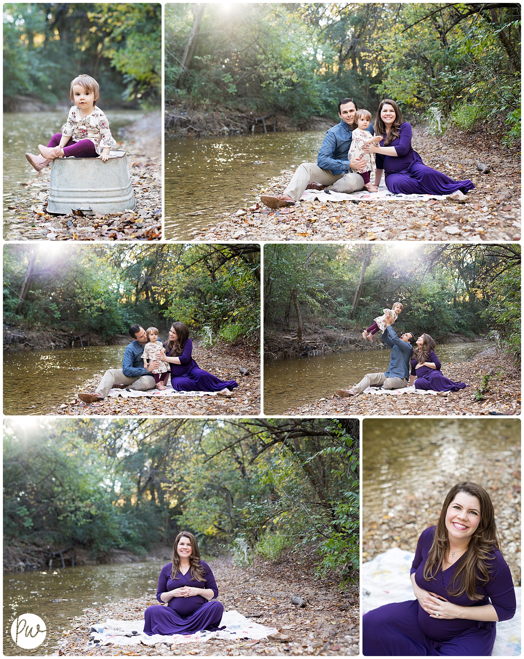 soon to be family of four sitting along a creek bed