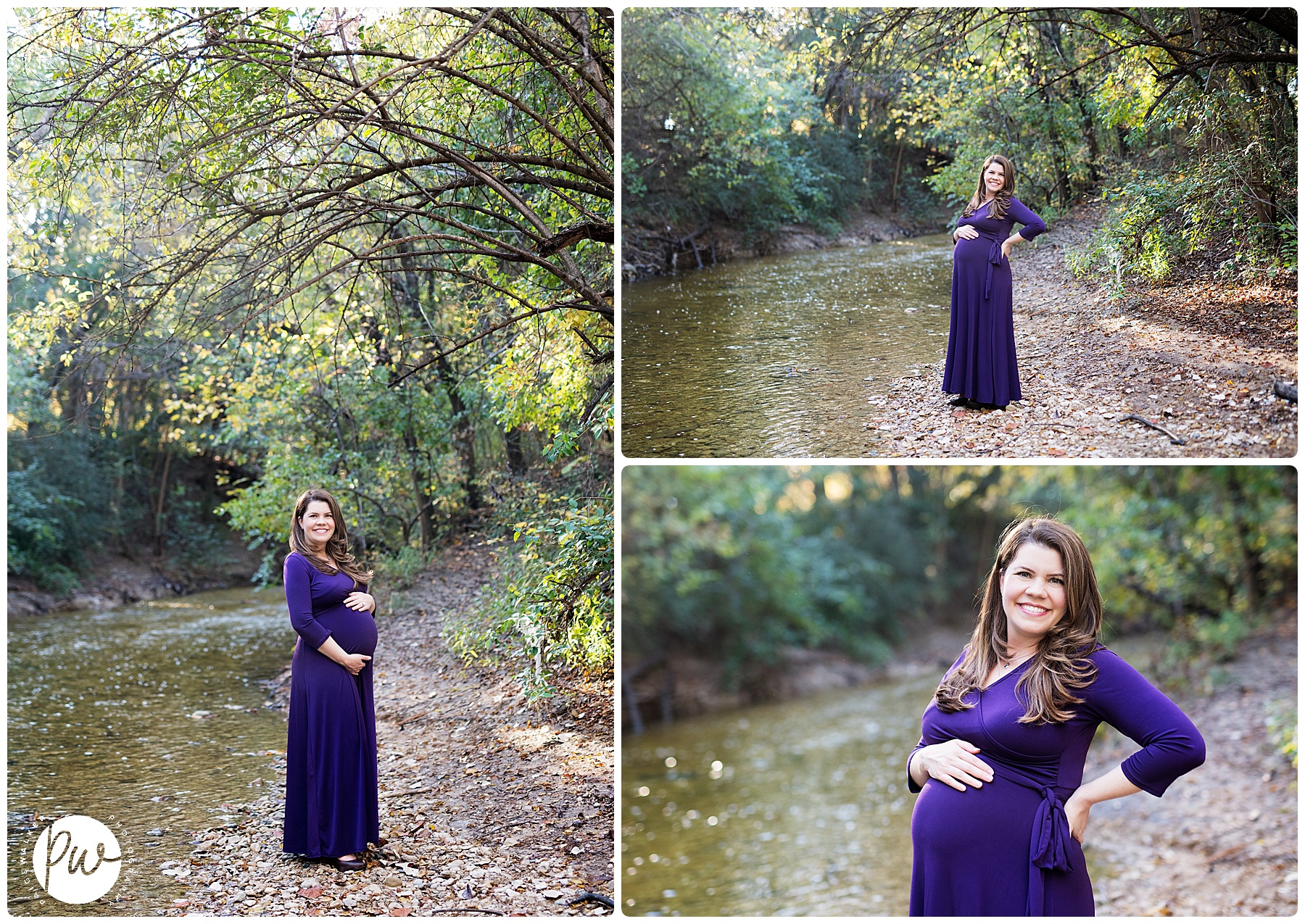 pregnant mom standing by a creek bed