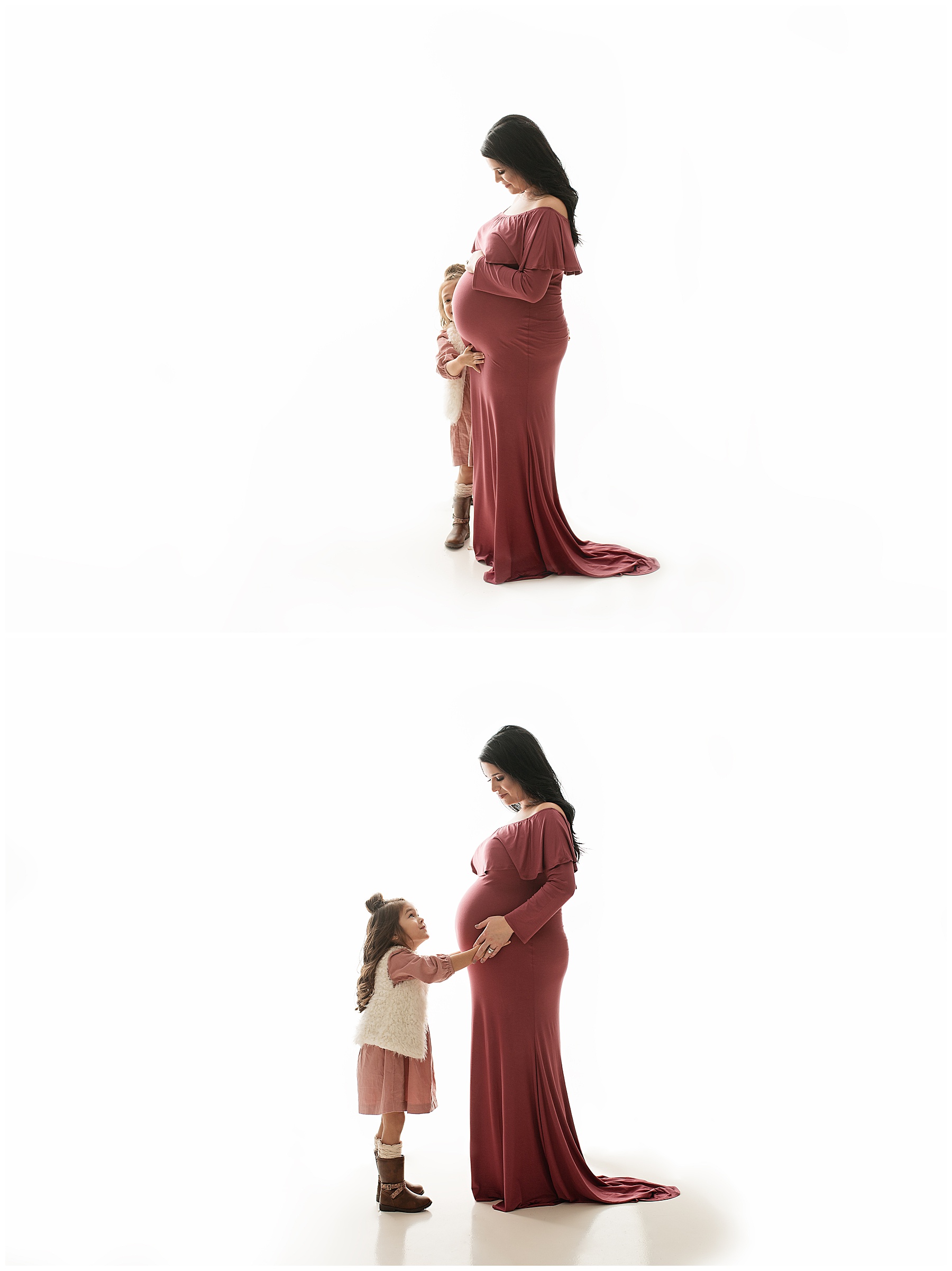 mom and daughter looking down at her pregnant belly