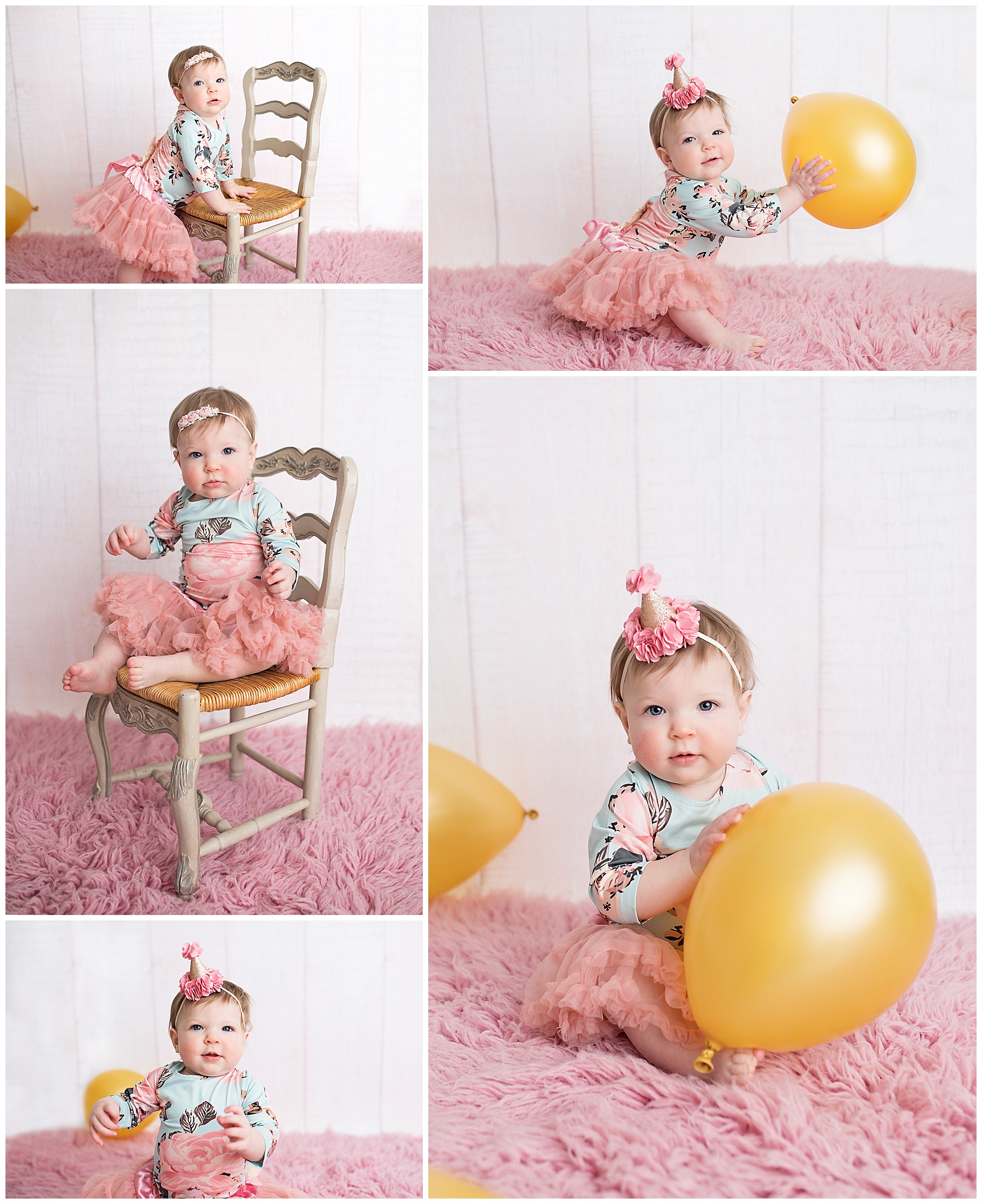 little girl celebrating her first birthday with a gold balloon