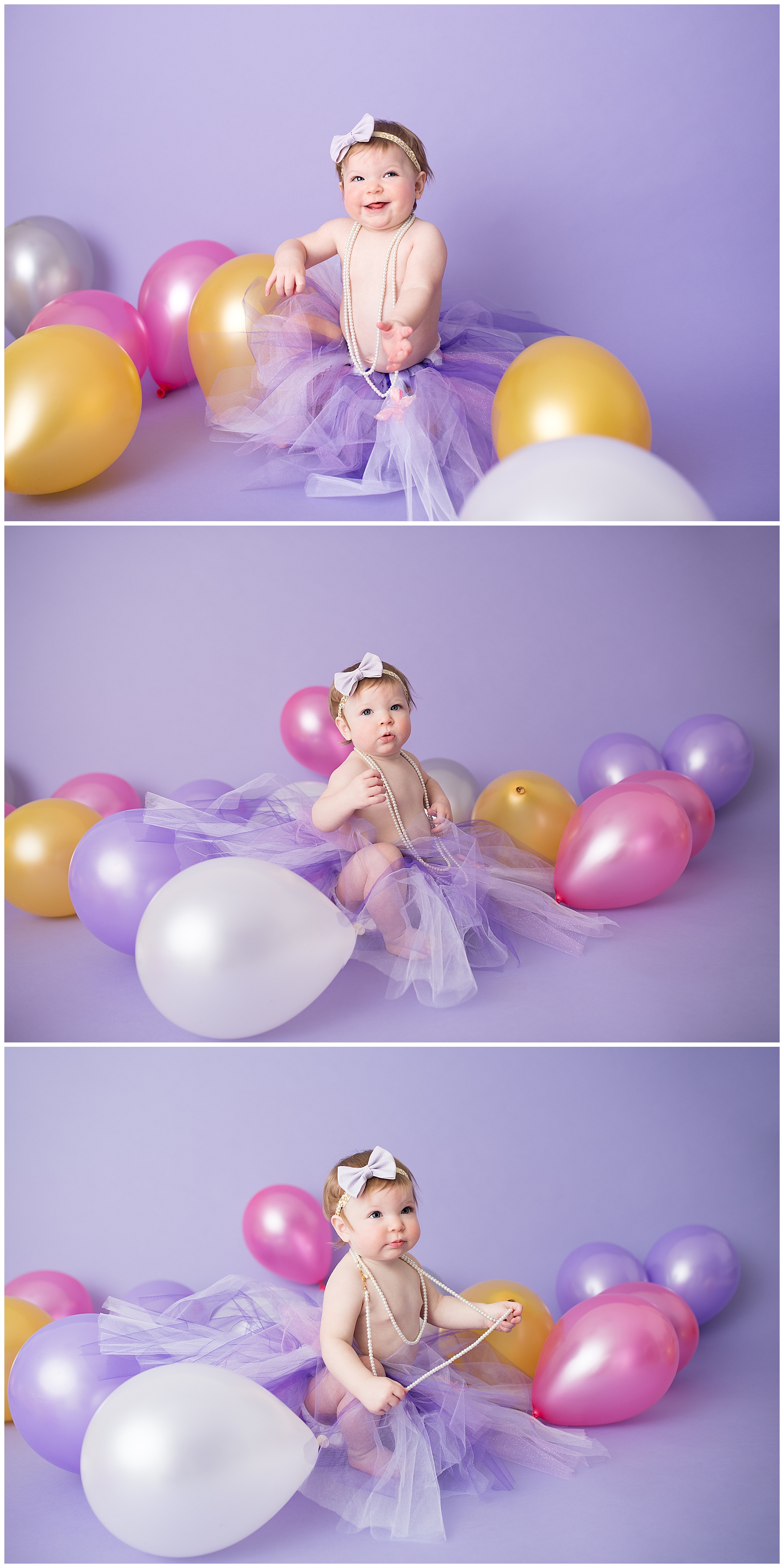 first birthday celebration with balloons in the studio