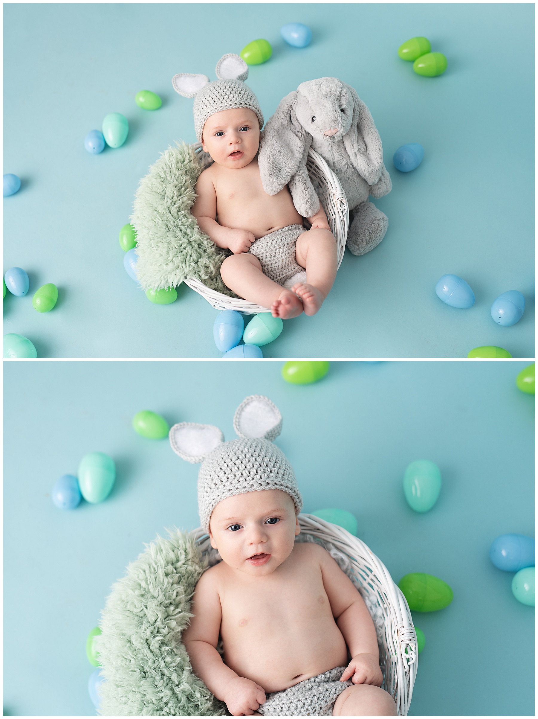 baby boy with Easter eggs