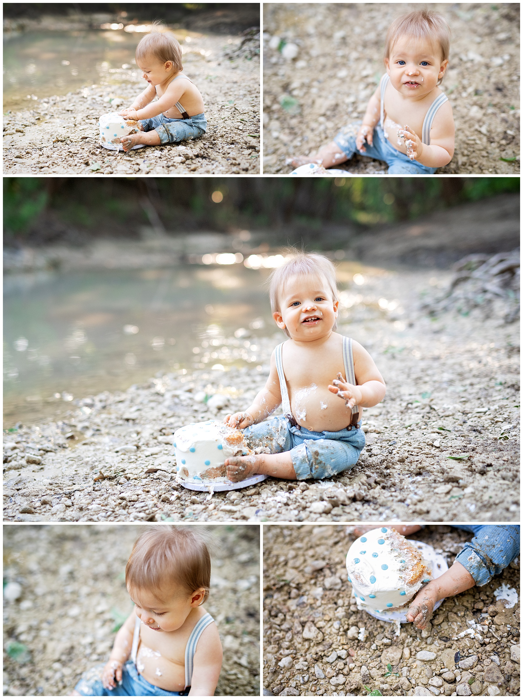 one year old boy getting messy with his cake smash near a creek