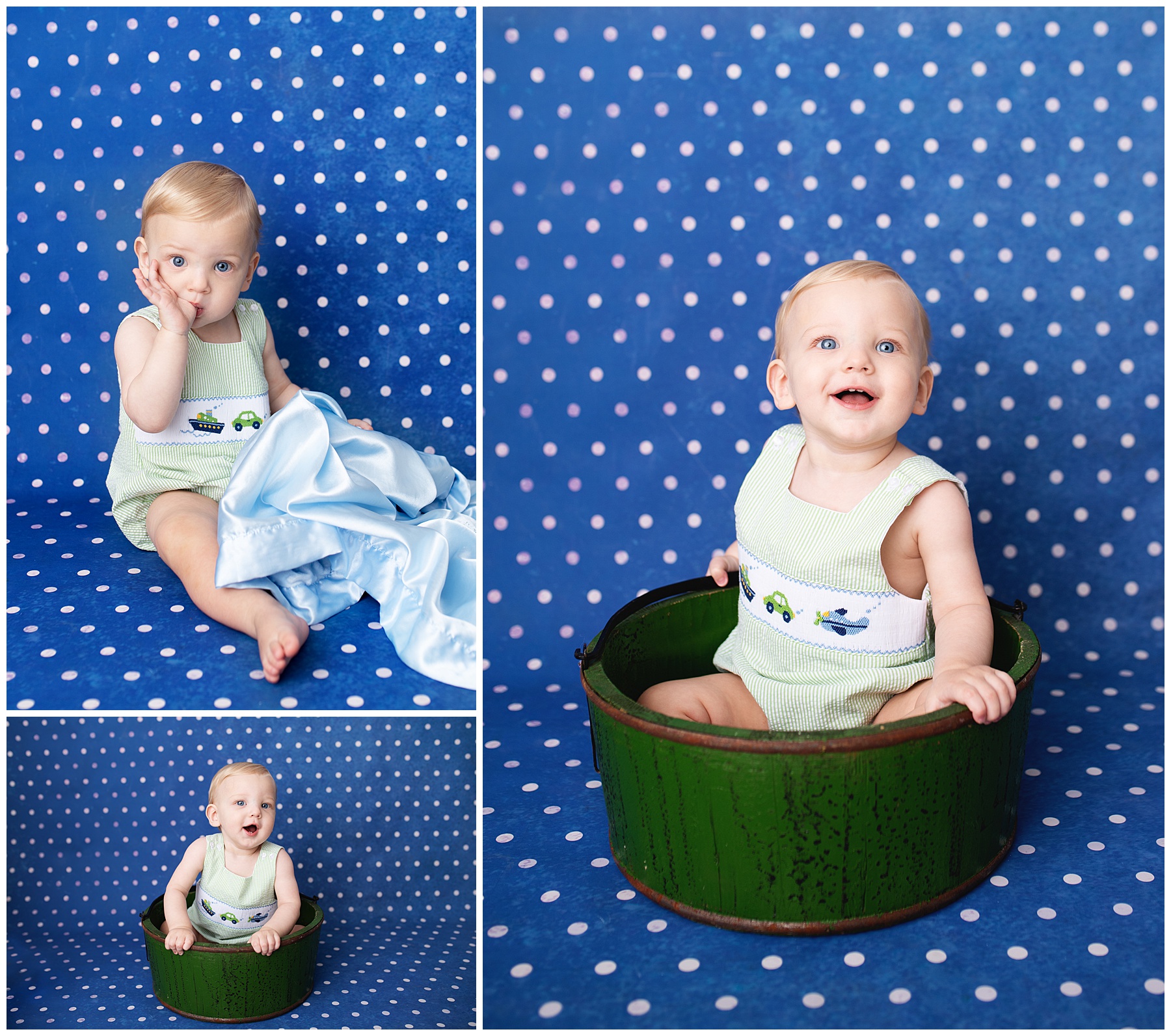 one year old boy sitting in a bucket