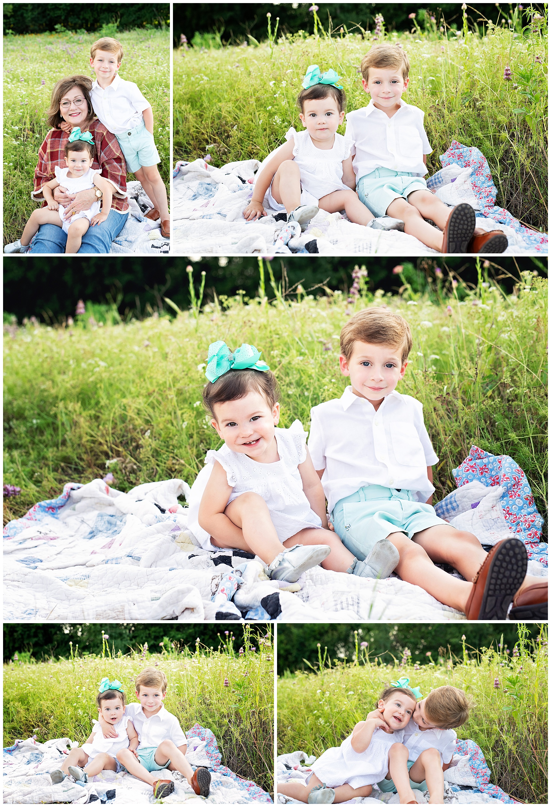 brother and sister sitting on a blanket in the wildflowers