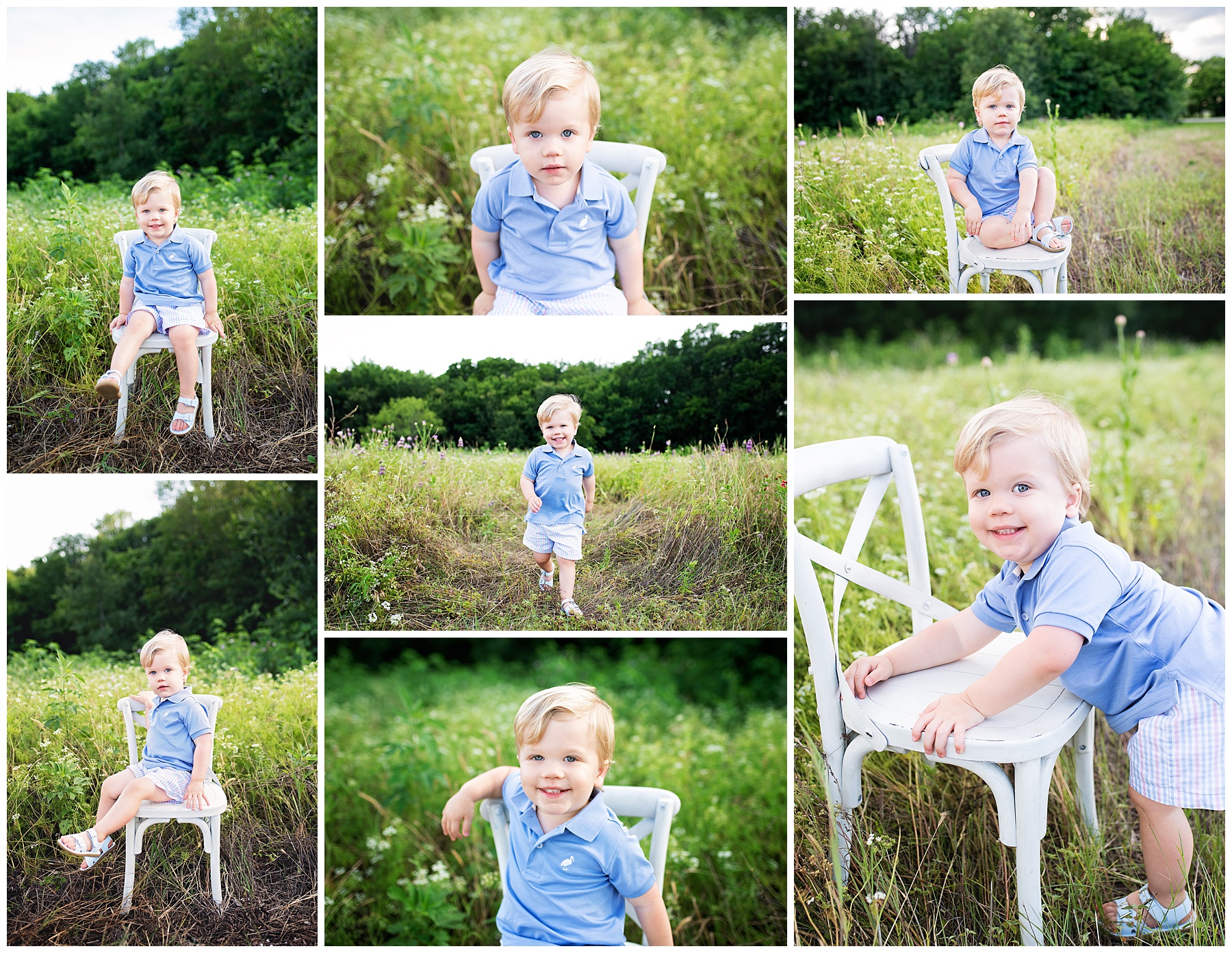 little boy sitting in a chair in the wildflowers 