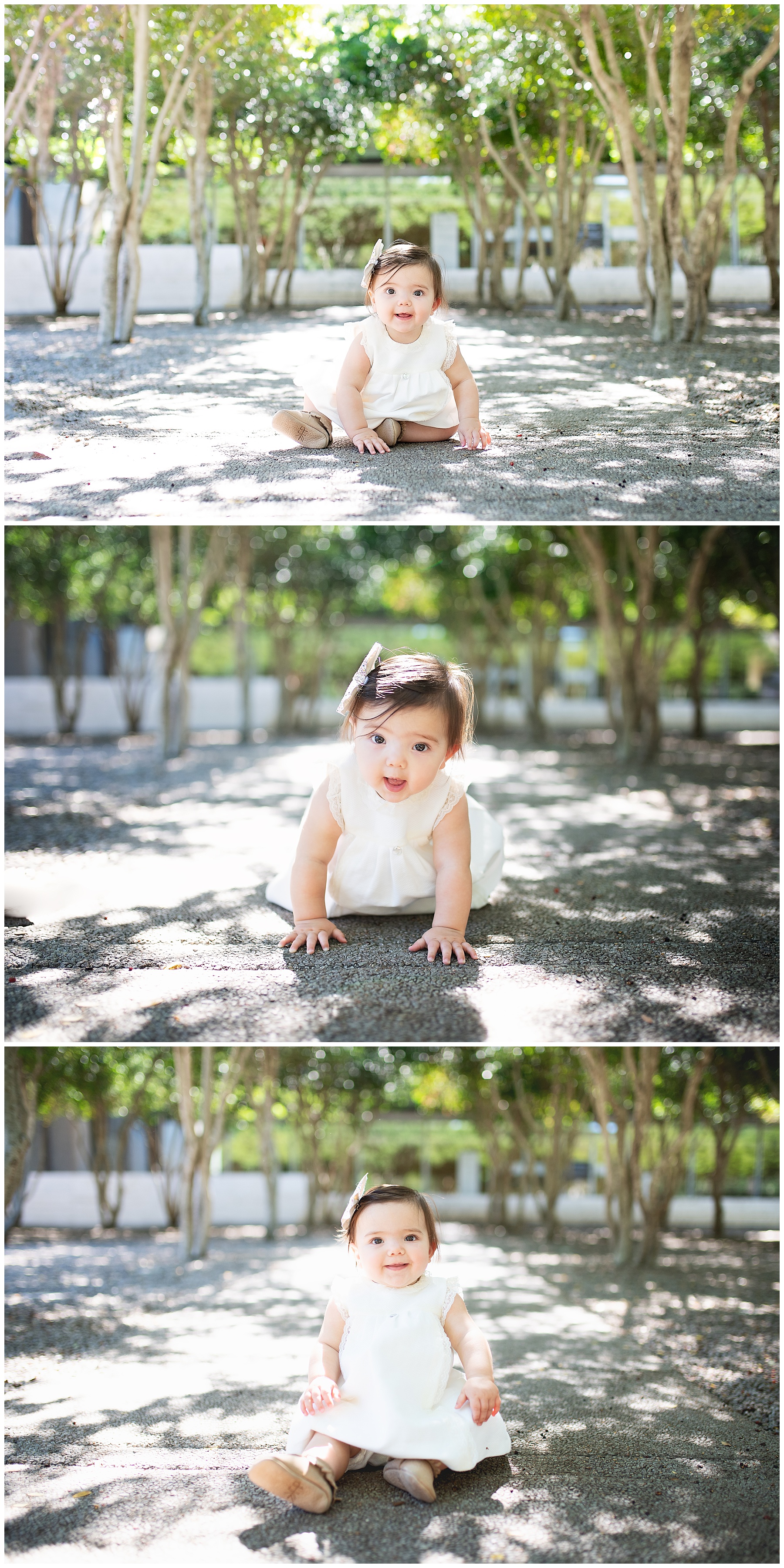 little girl crawling within a line of trees