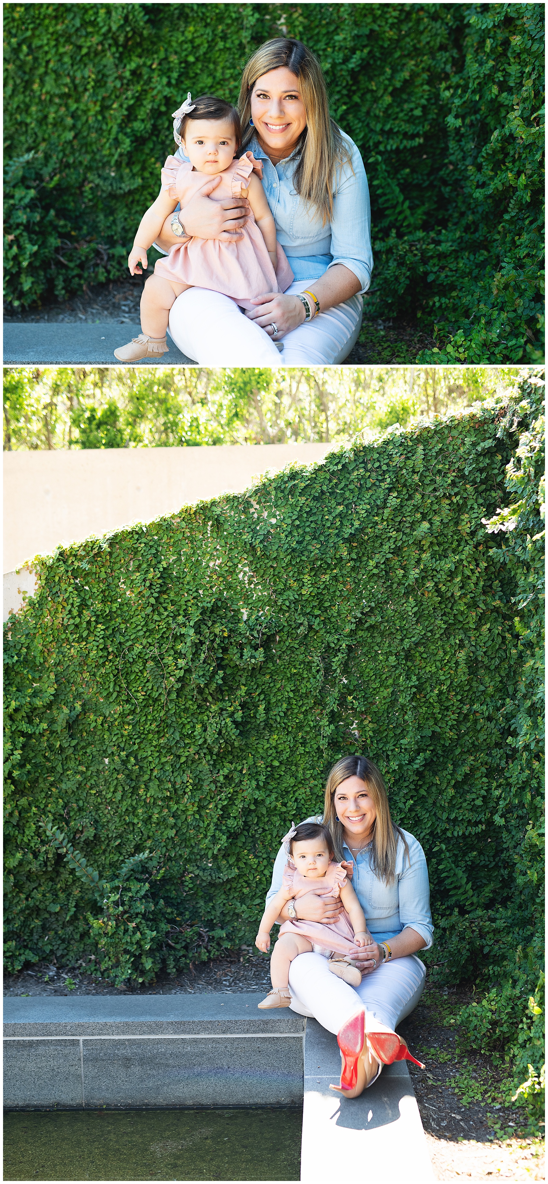 mom and baby girl sitting in front of a beautiful ivy wall