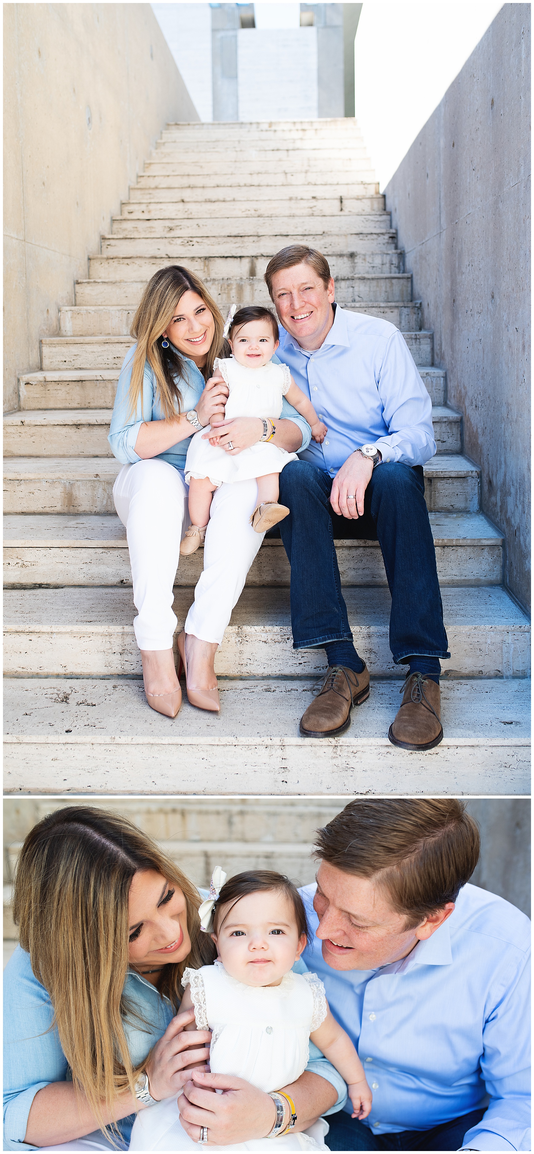 mom, dad, and baby girl sitting on steps smiling
