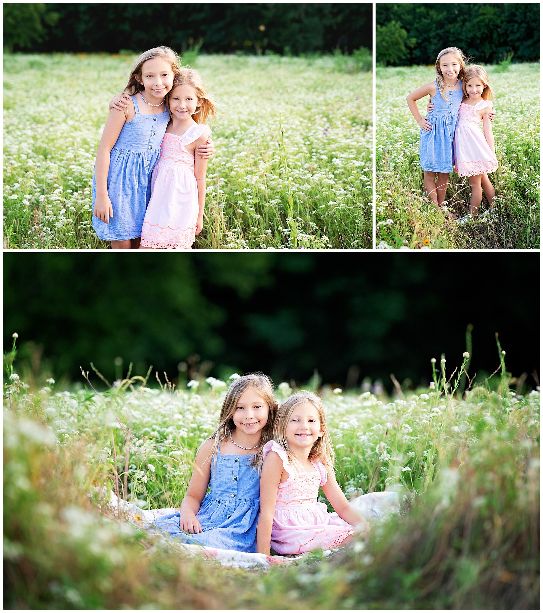 sisters hugging in the wildflowers