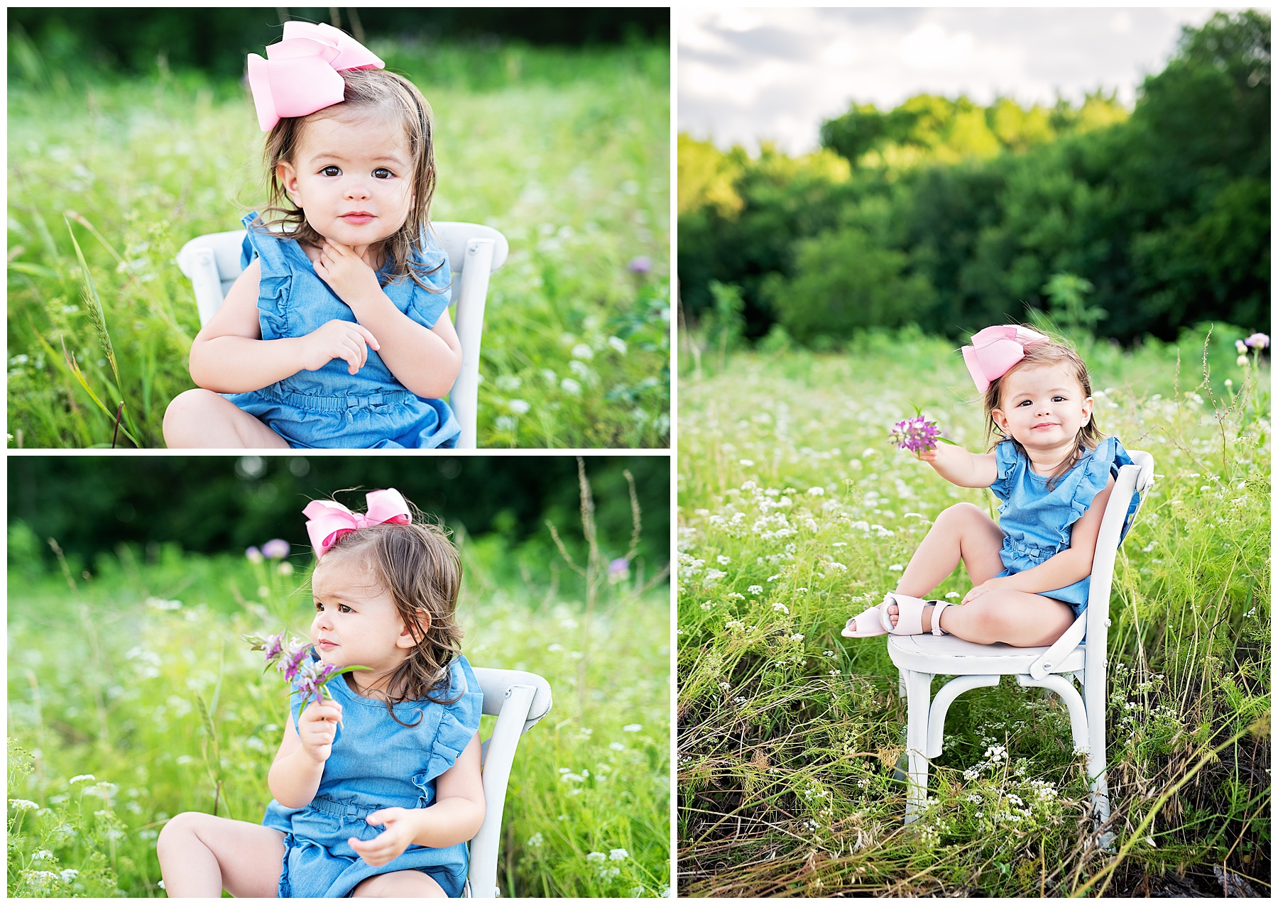 two year old girl sitting on a chair in the wildflowers