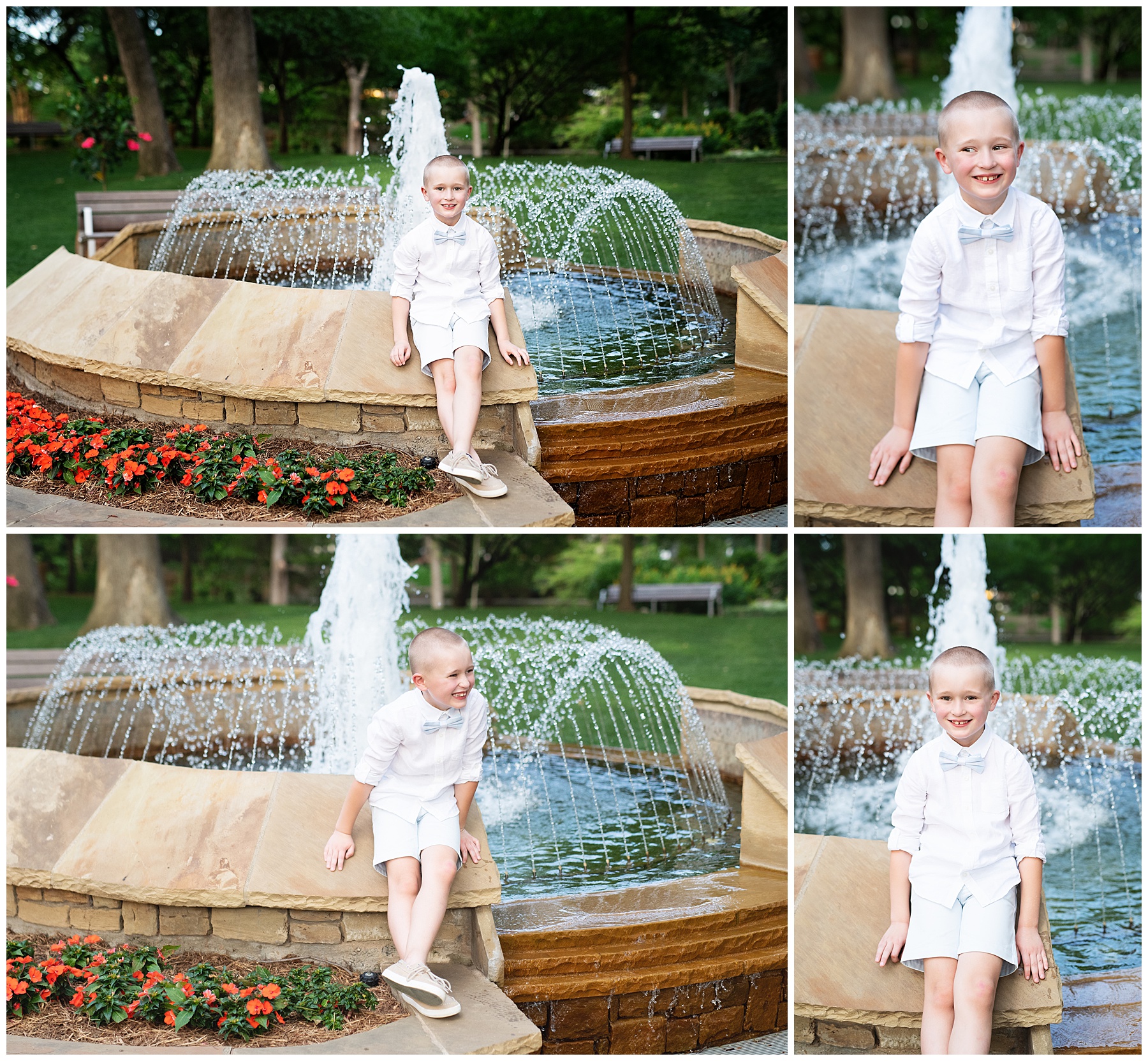seven year old boy sitting near a fountain laughing