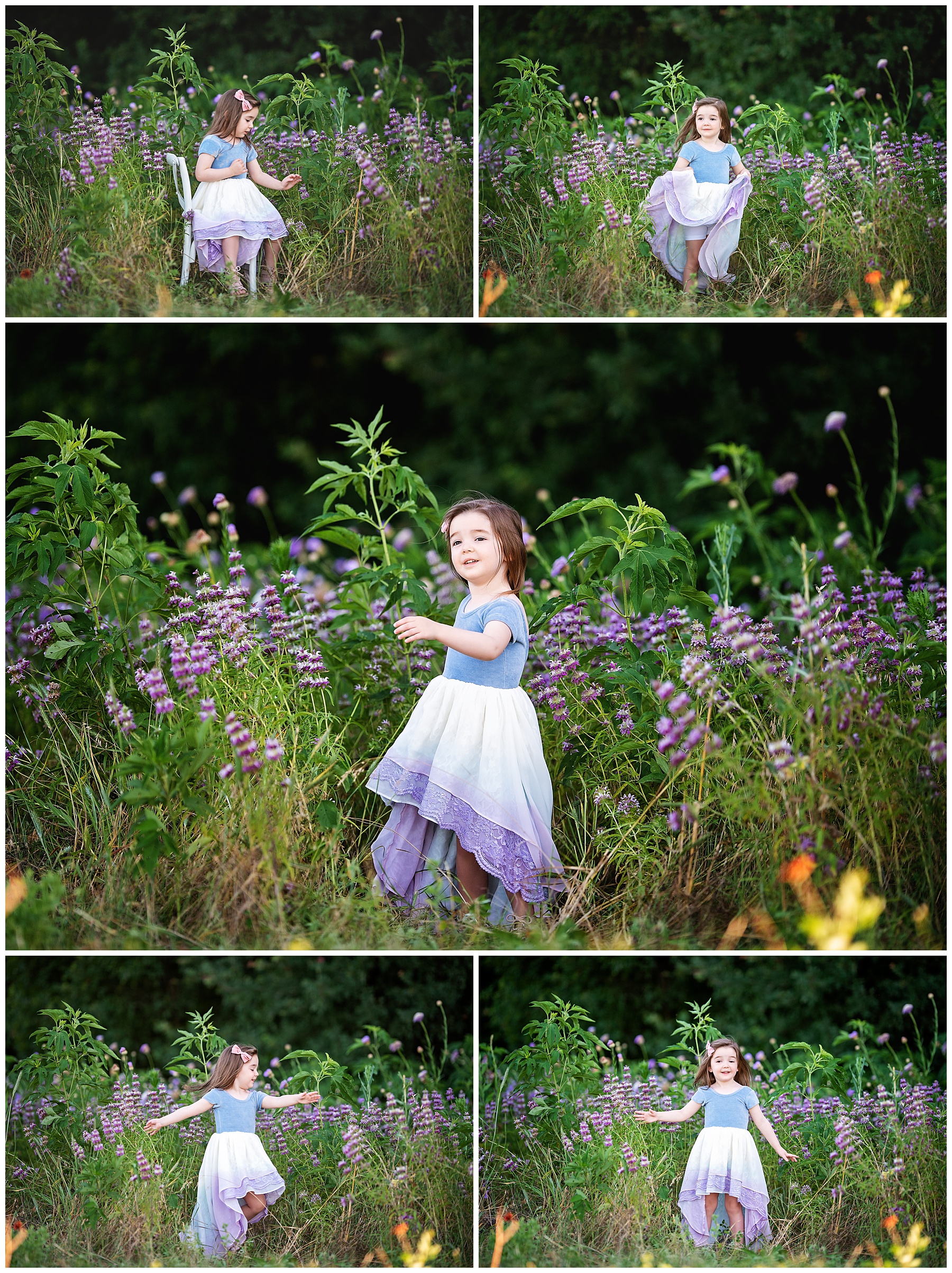 girl twirling in her dress in the wildflowers
