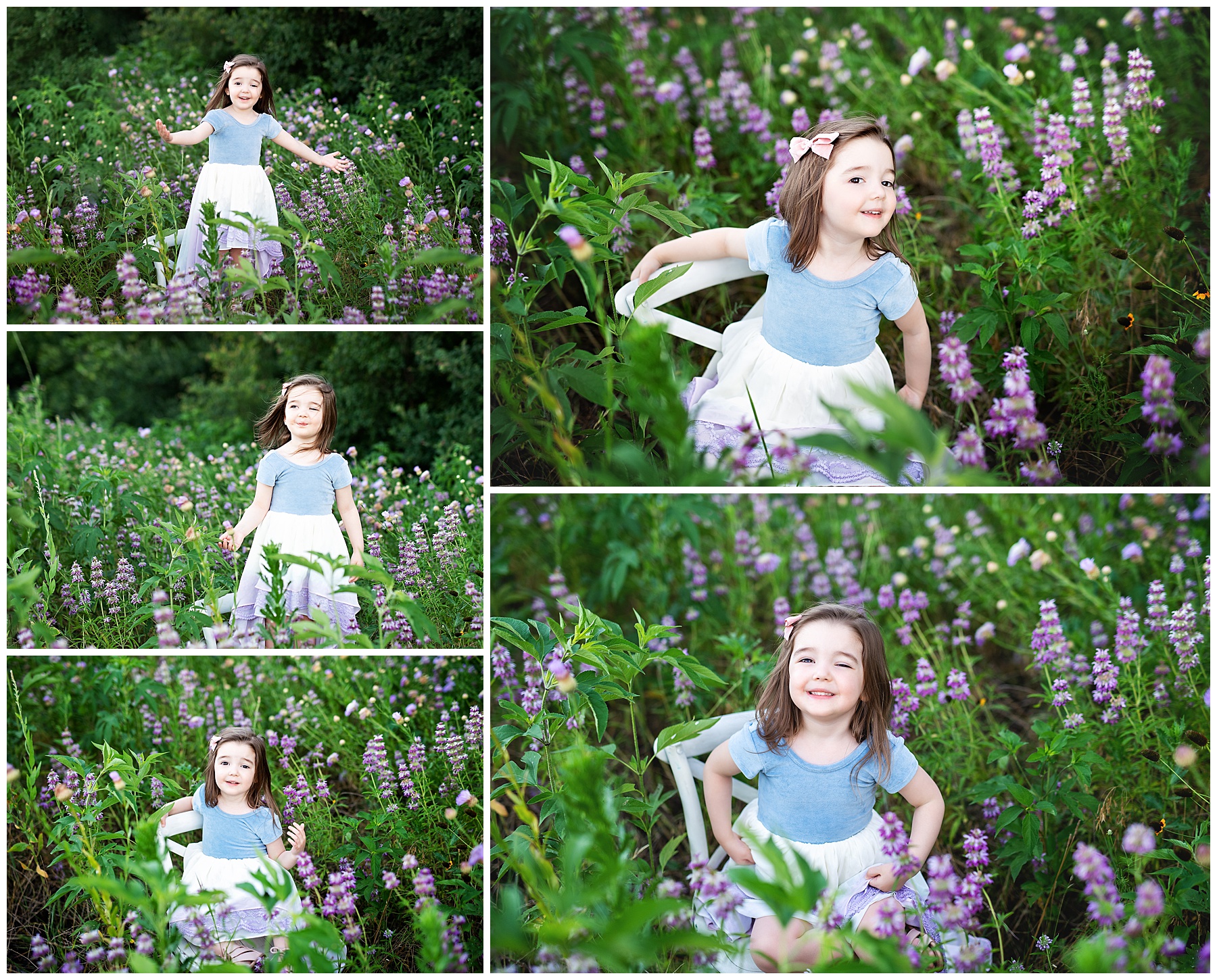 a little girl sitting on a chair within the wildflowers