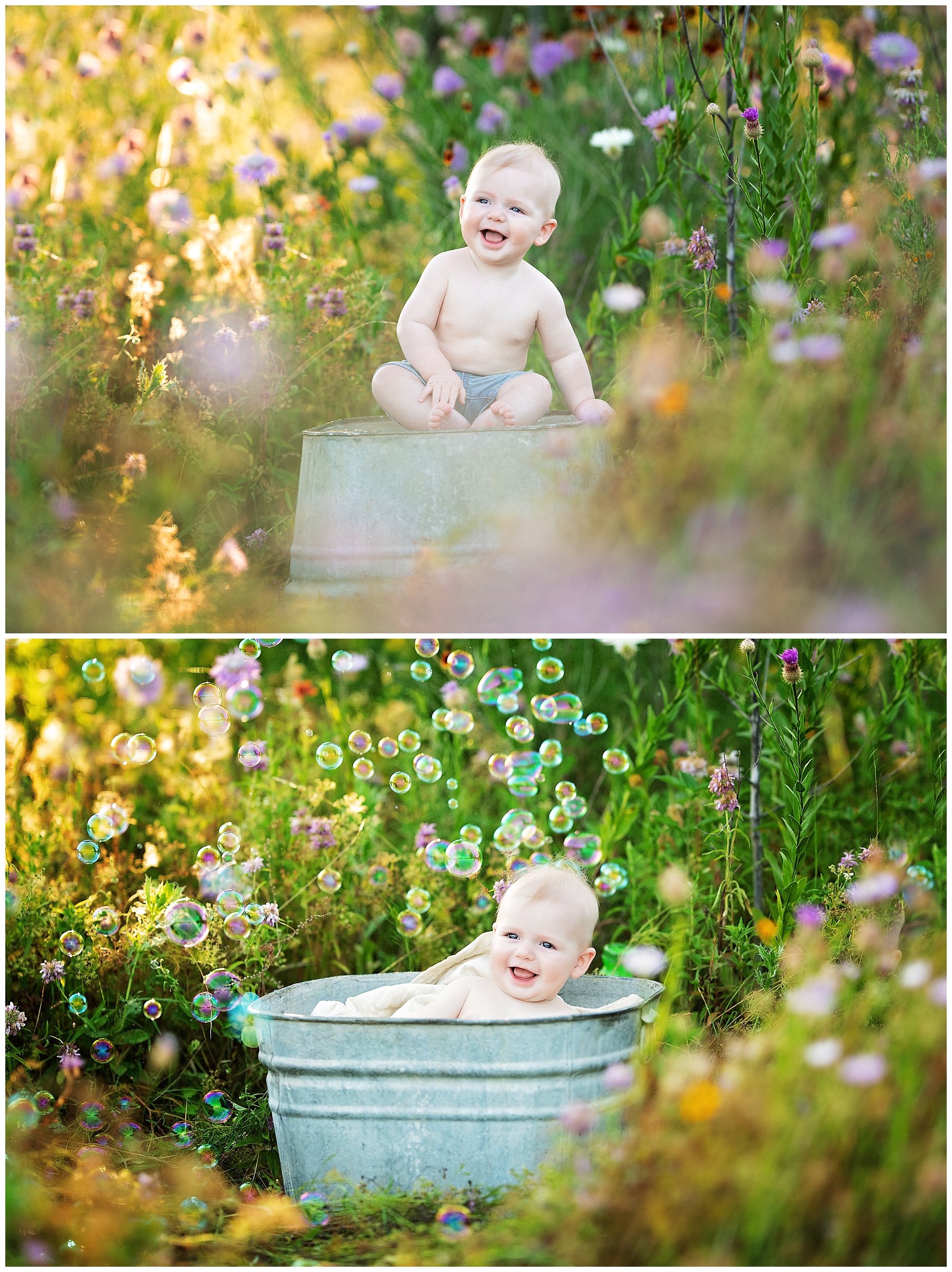 baby boy sitting on a metal tub within the wildflowers