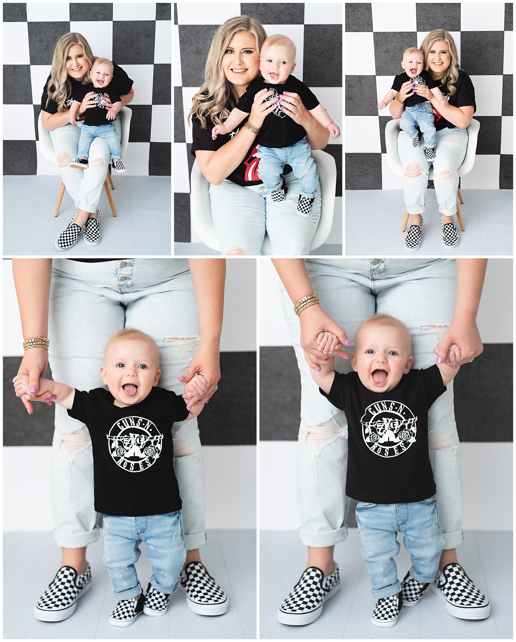 mommy and baby wearing concert t-shirts in the studio