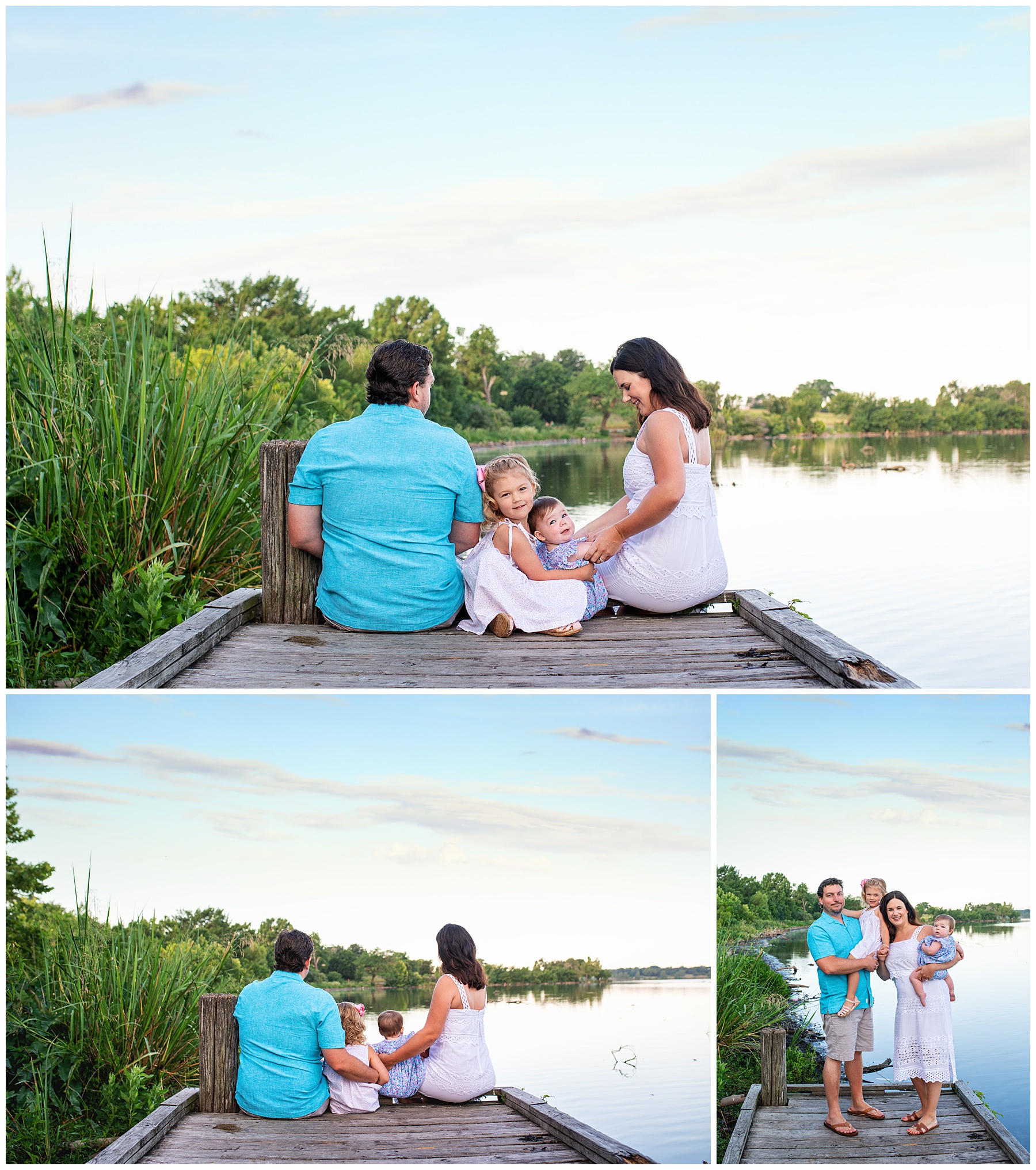 family of four sitting on a pier over the lake