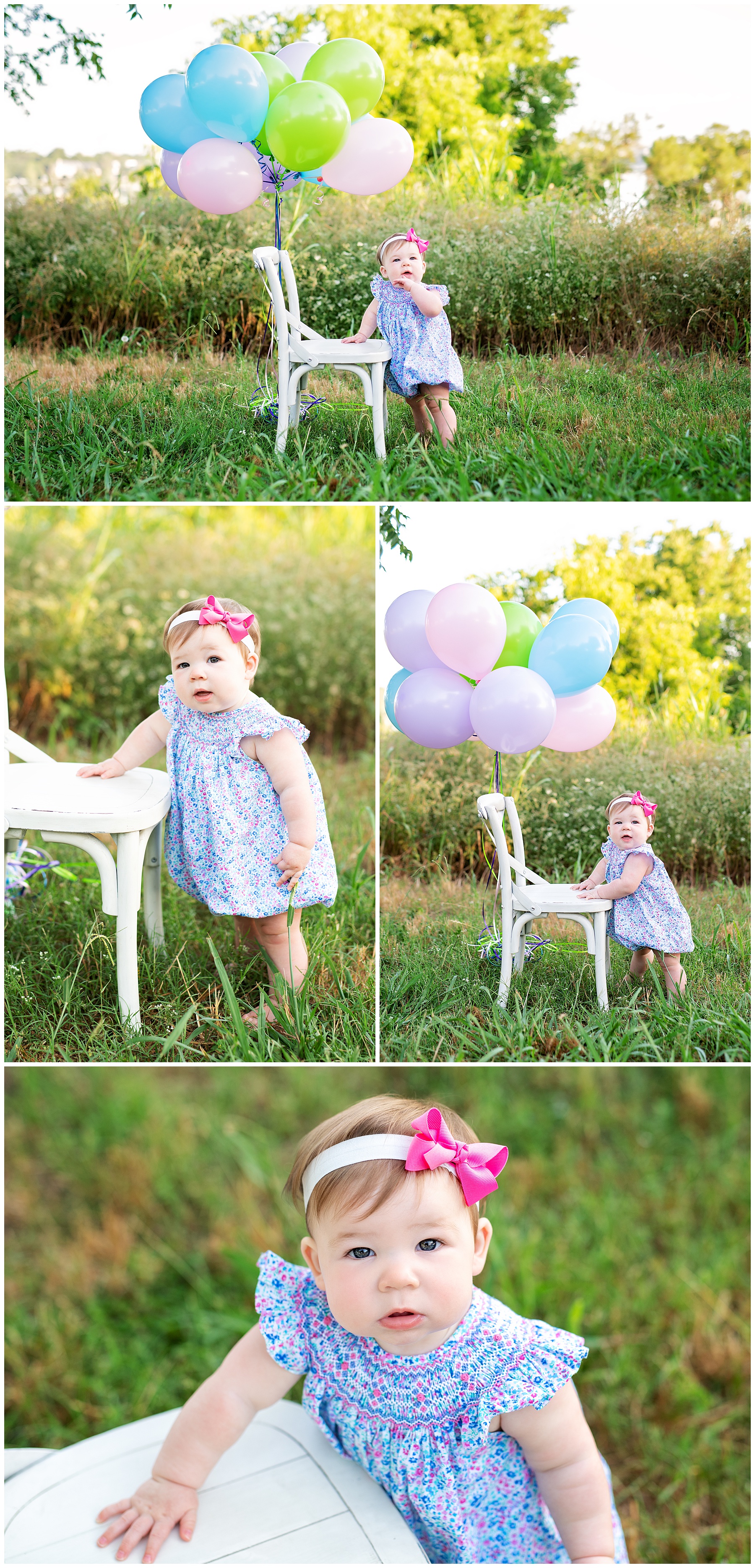 one year old standing with a chair and balloons 
