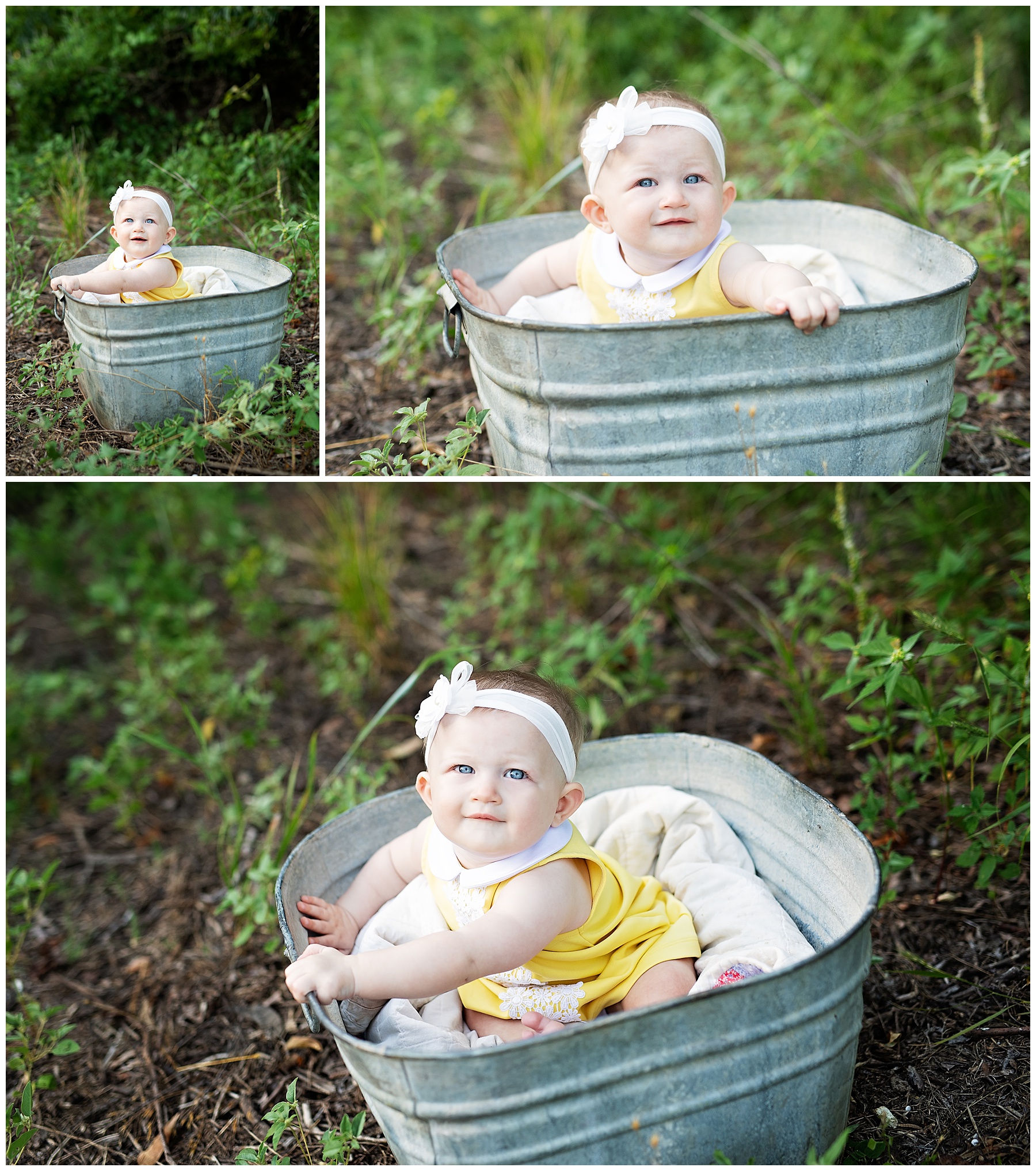 little girl sitting in a metal bucket