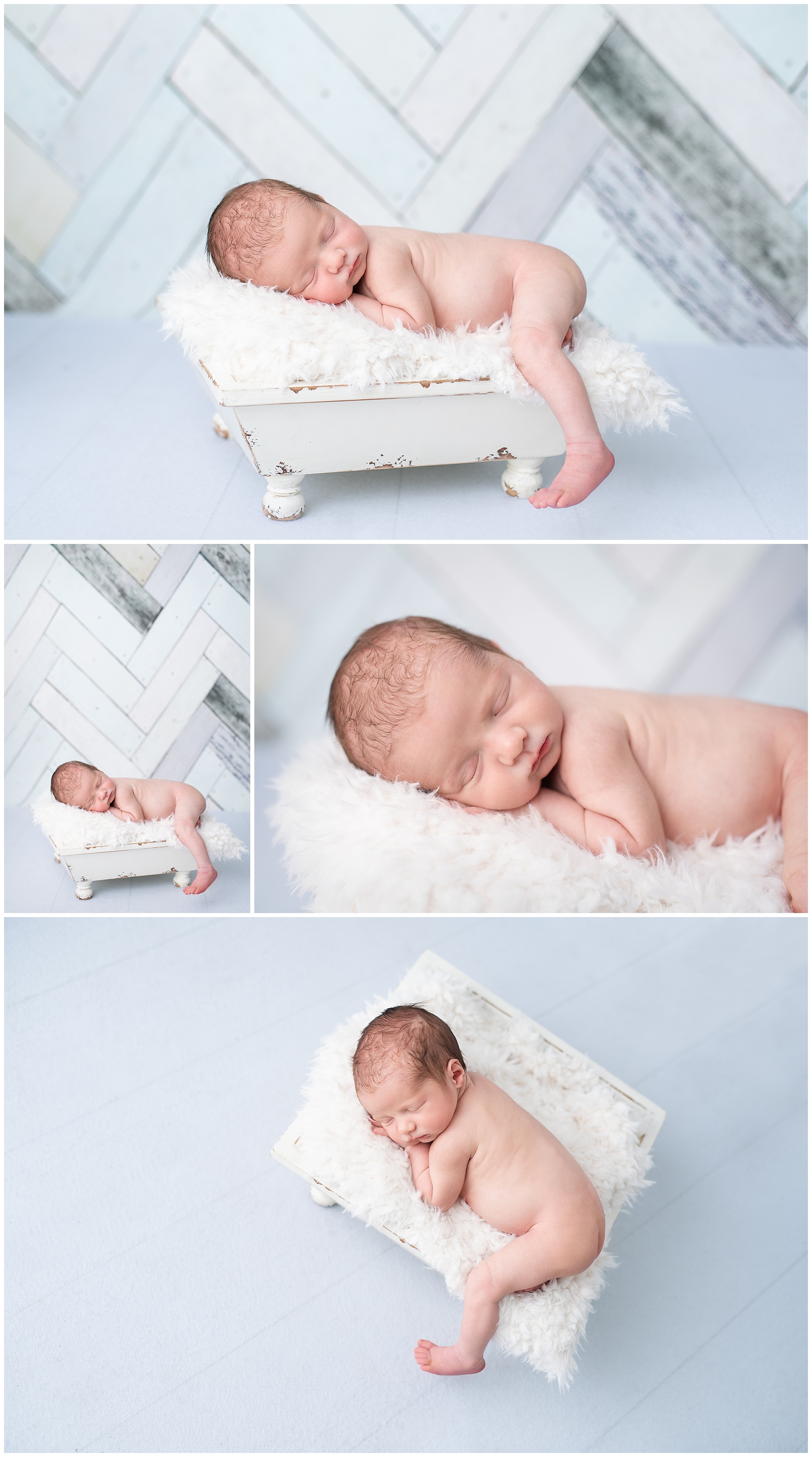 Newborn boy laying in a white bucket for his newborn photo session