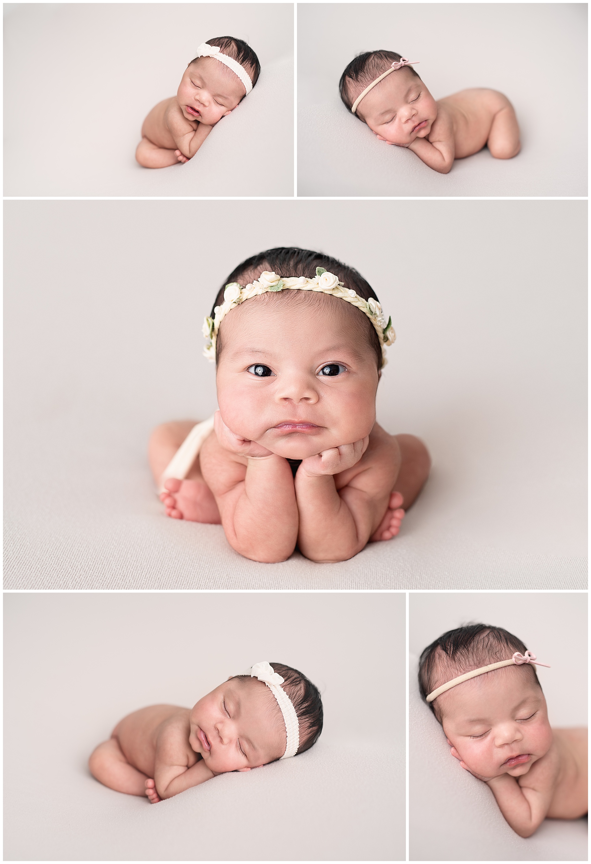 awake newborn girl in the froggy pose during her newborn photo session