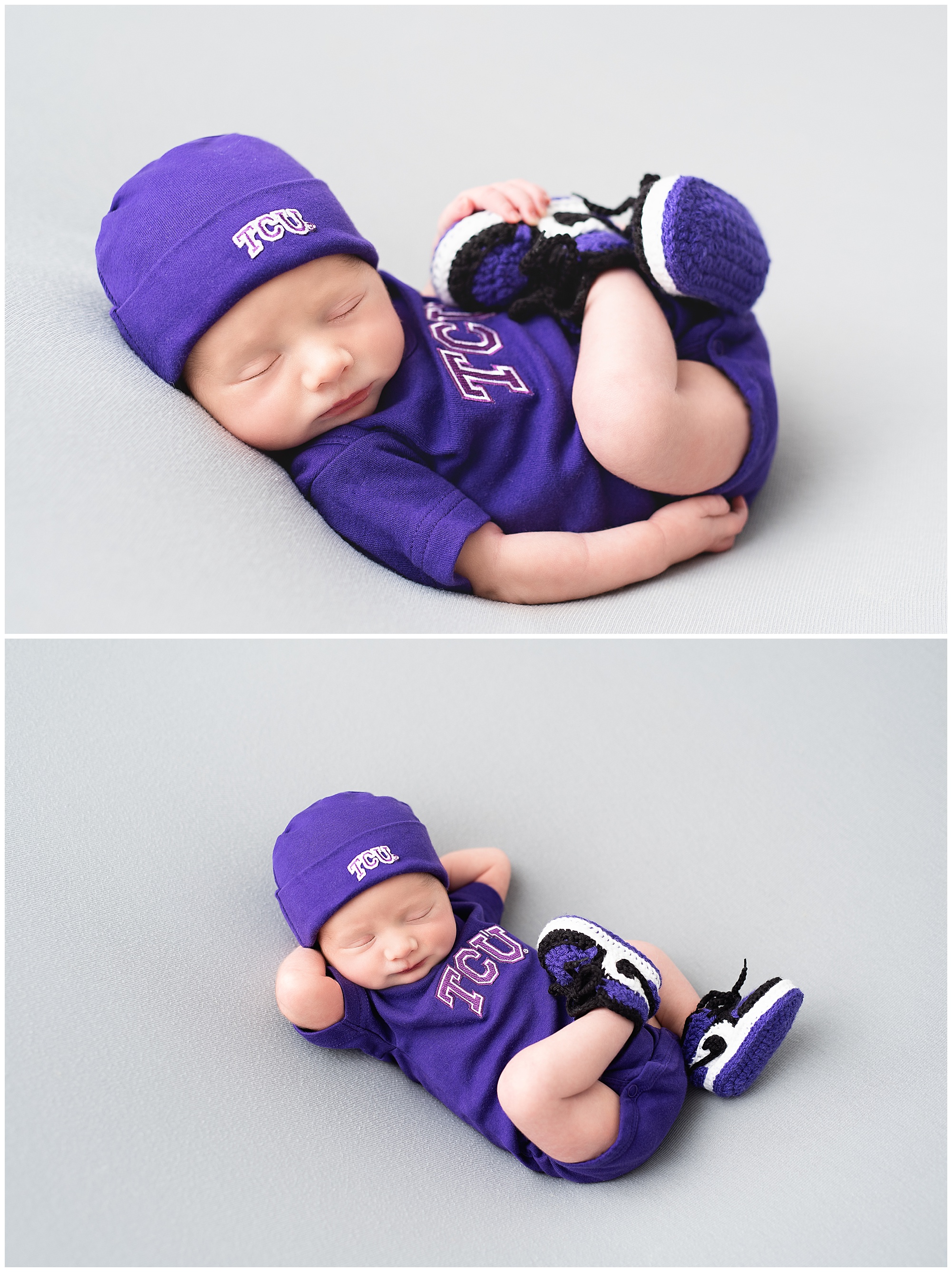 newborn baby boy in his TCU outfit at his studio newborn photo shoot