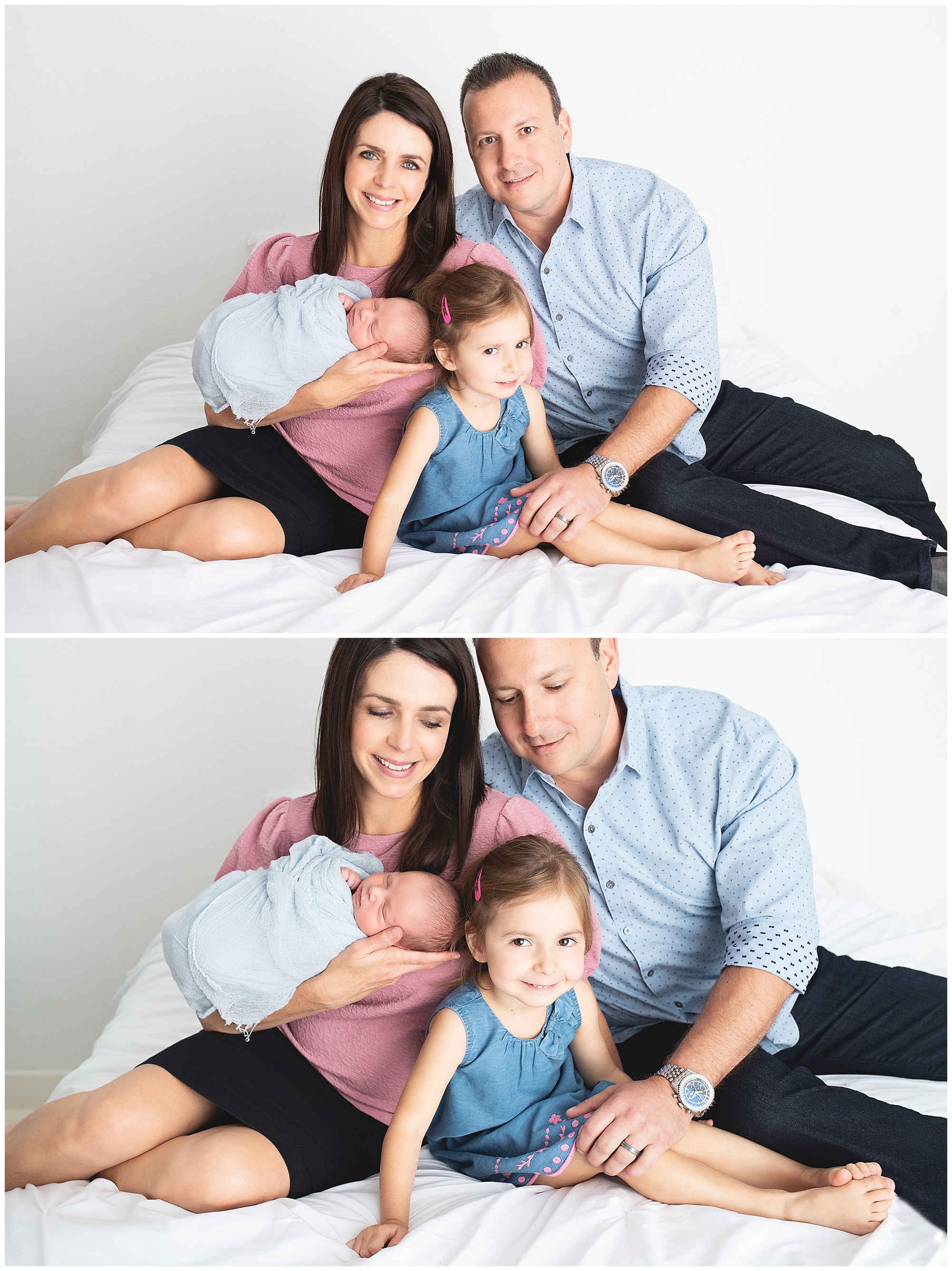 mom, dad, older sister and baby brother sitting on a bed for their newborn photo session
