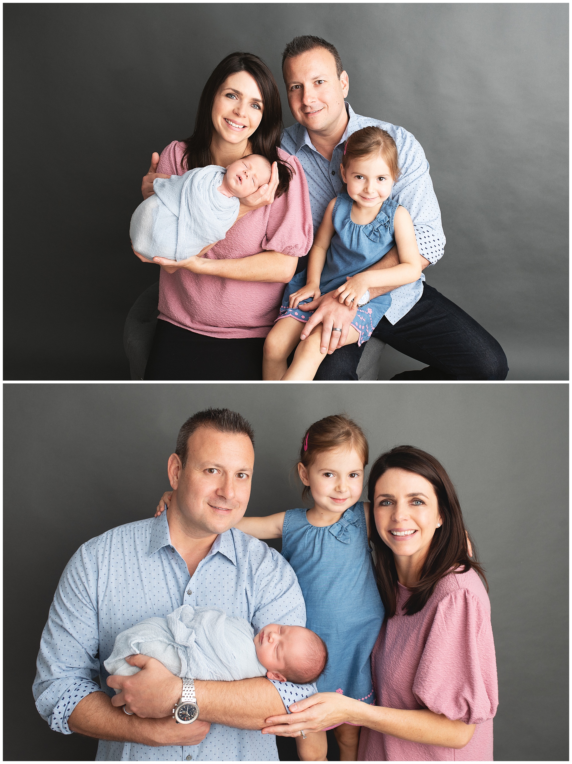 new family of four sitting in the studio for photos