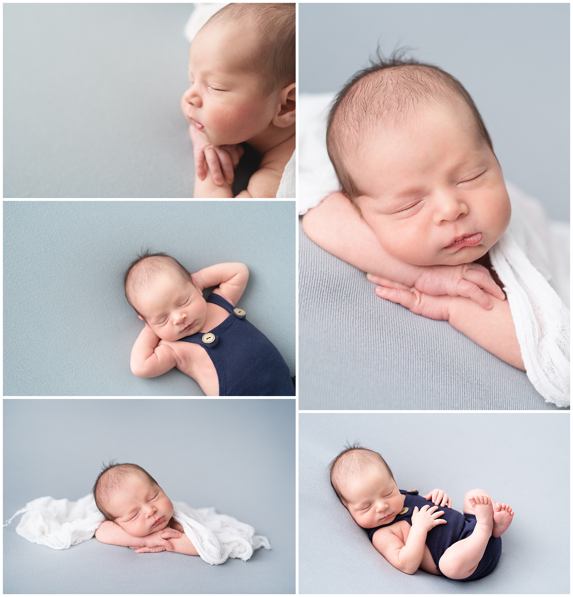 newborn baby boy laying on his hands in the studio during his newborn session