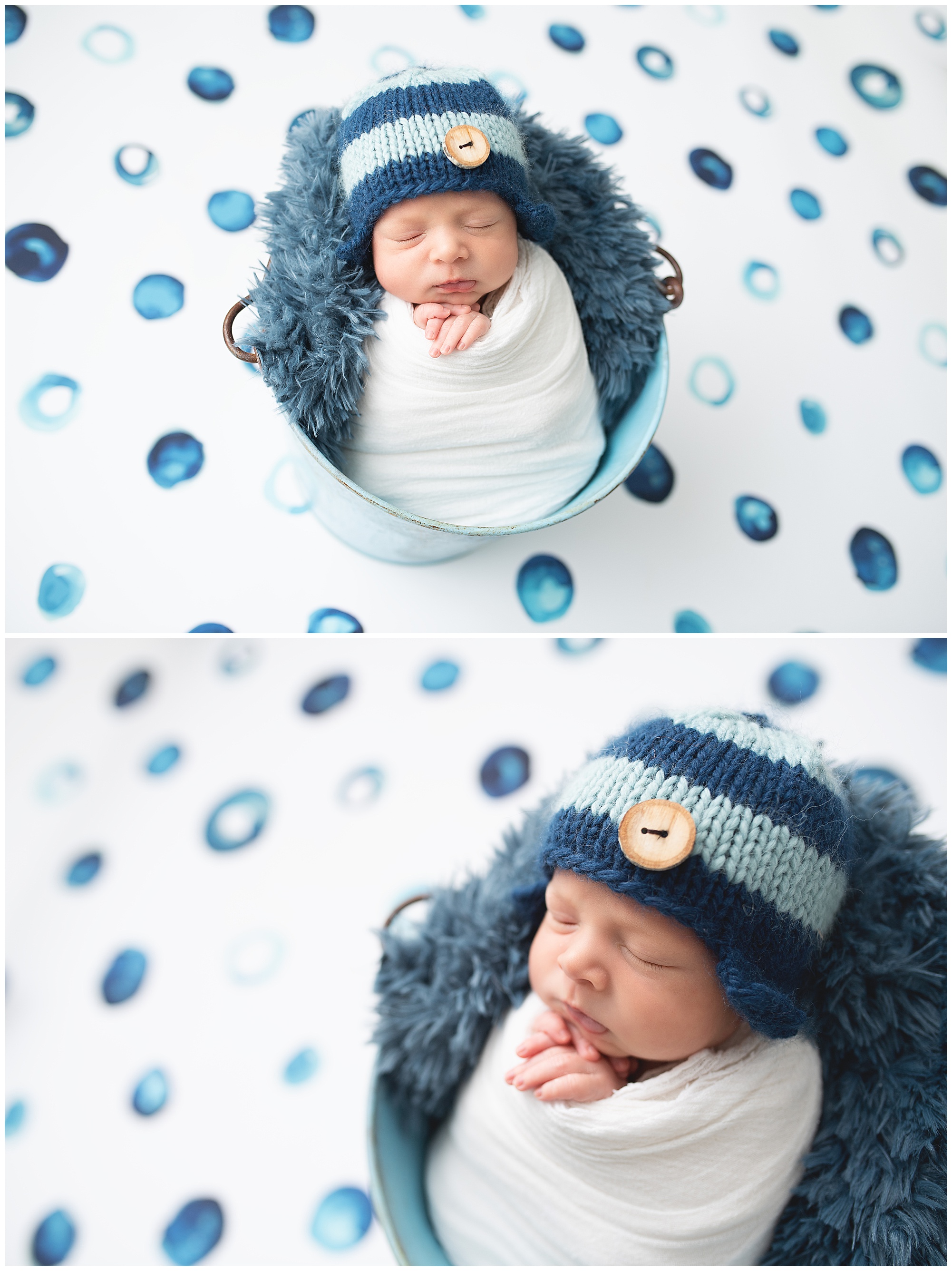 newborn boy laying in a blue bucket during his photo session