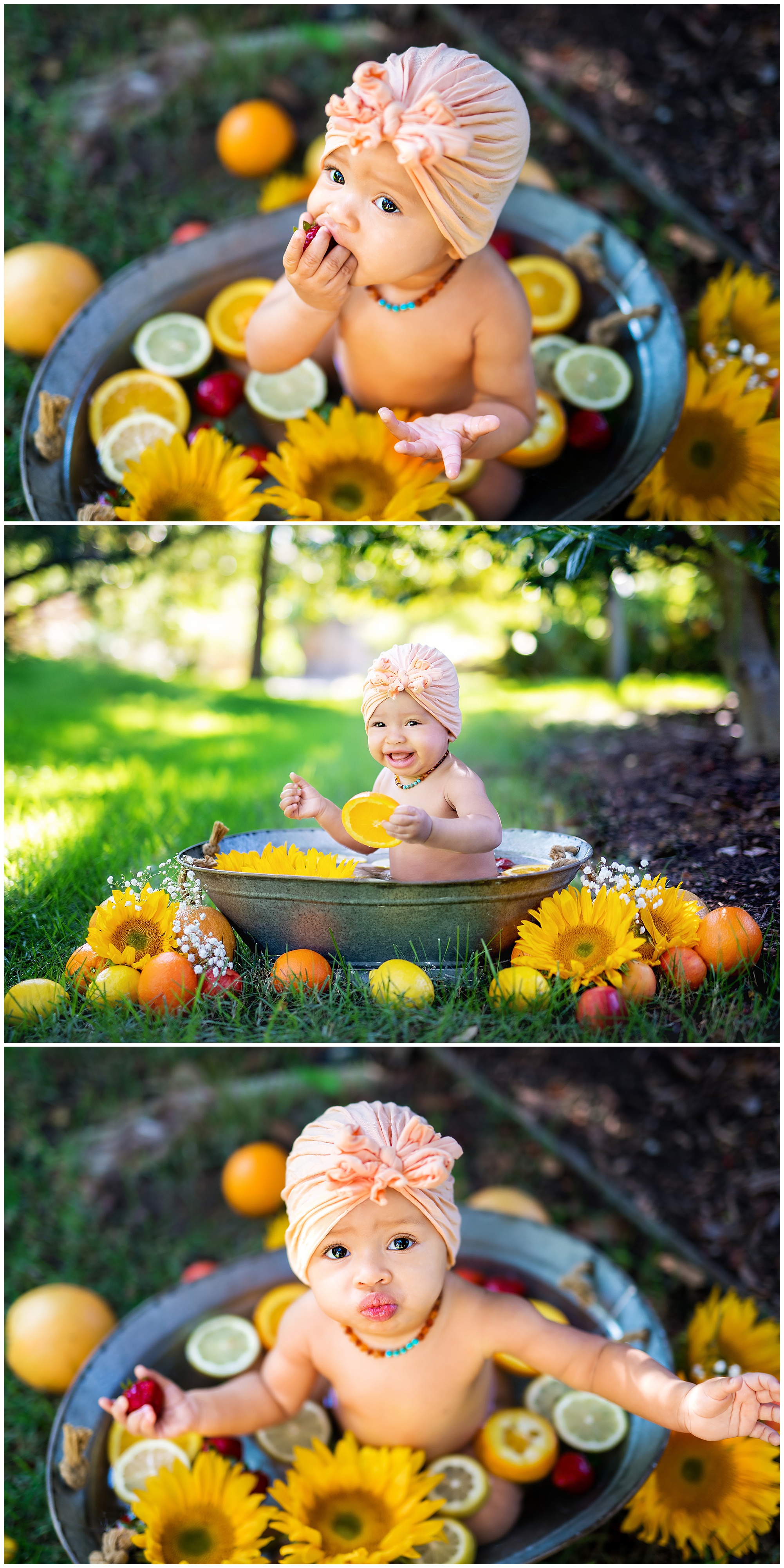 baby girl sitting in a bucket of fruit and sunflowers