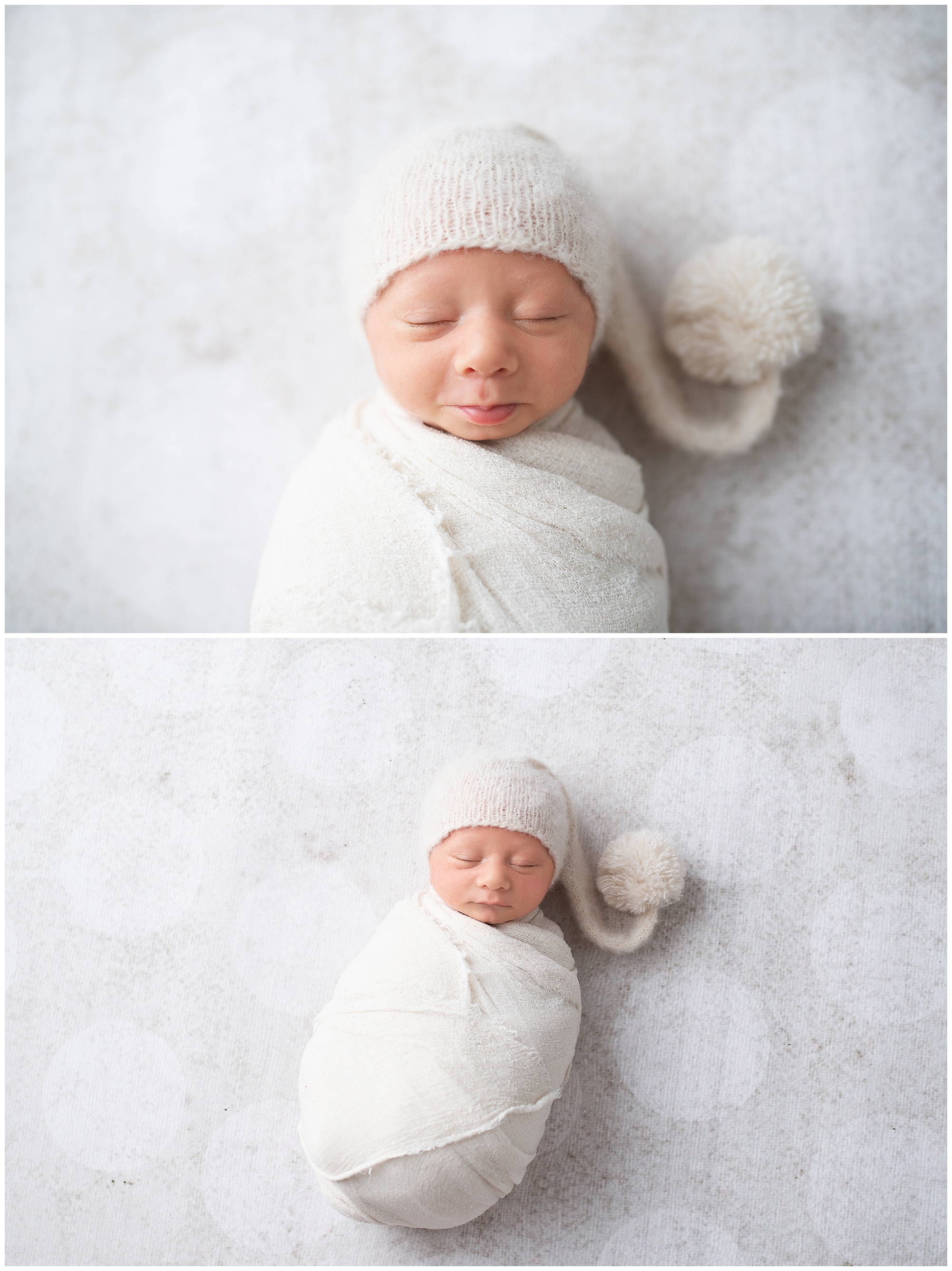newborn boy making a funny face in his newborn photo session