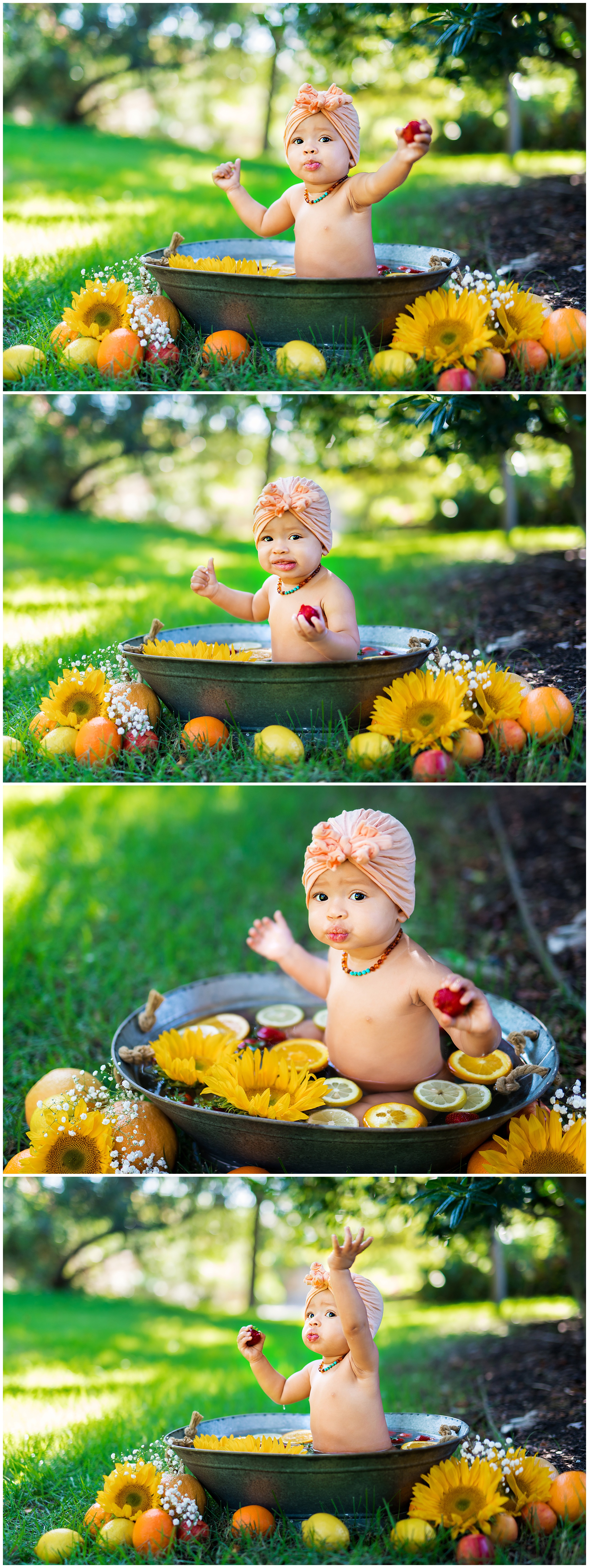 six month old sitting in a bucket of fruit in a field
