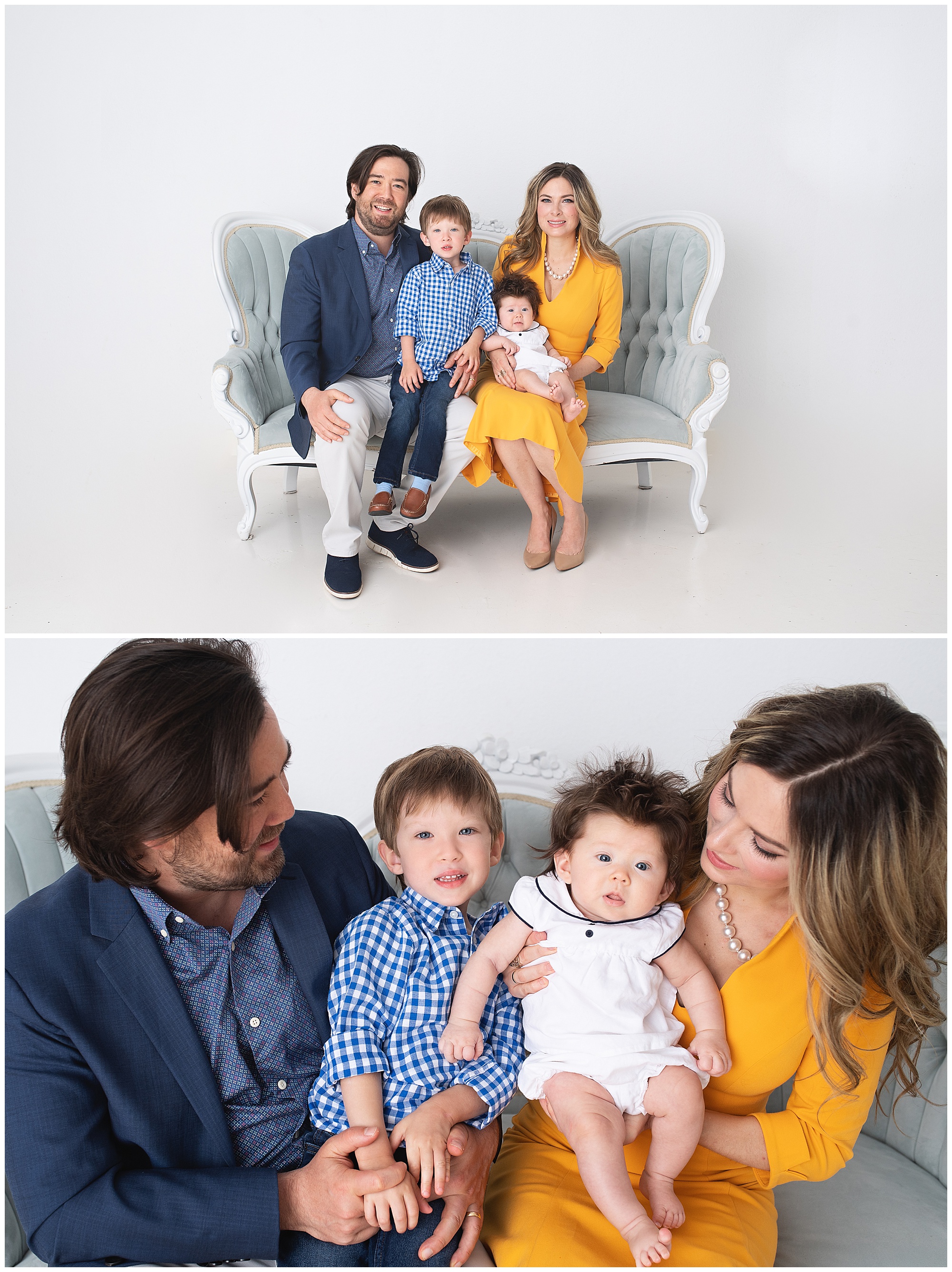 family of four sitting on a couch for their family photo session