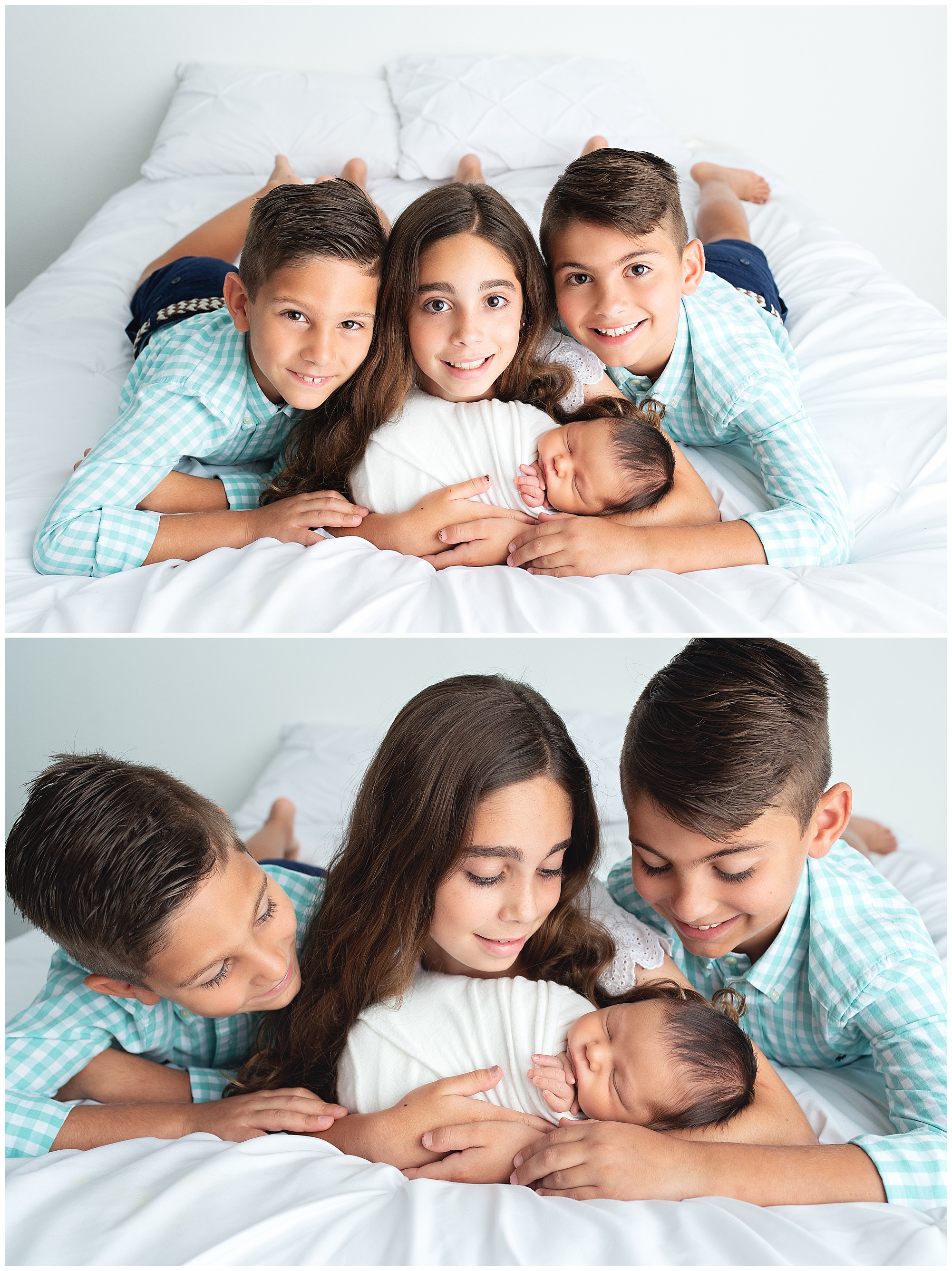big brothers and sister laying with their new baby brother during their newborn session