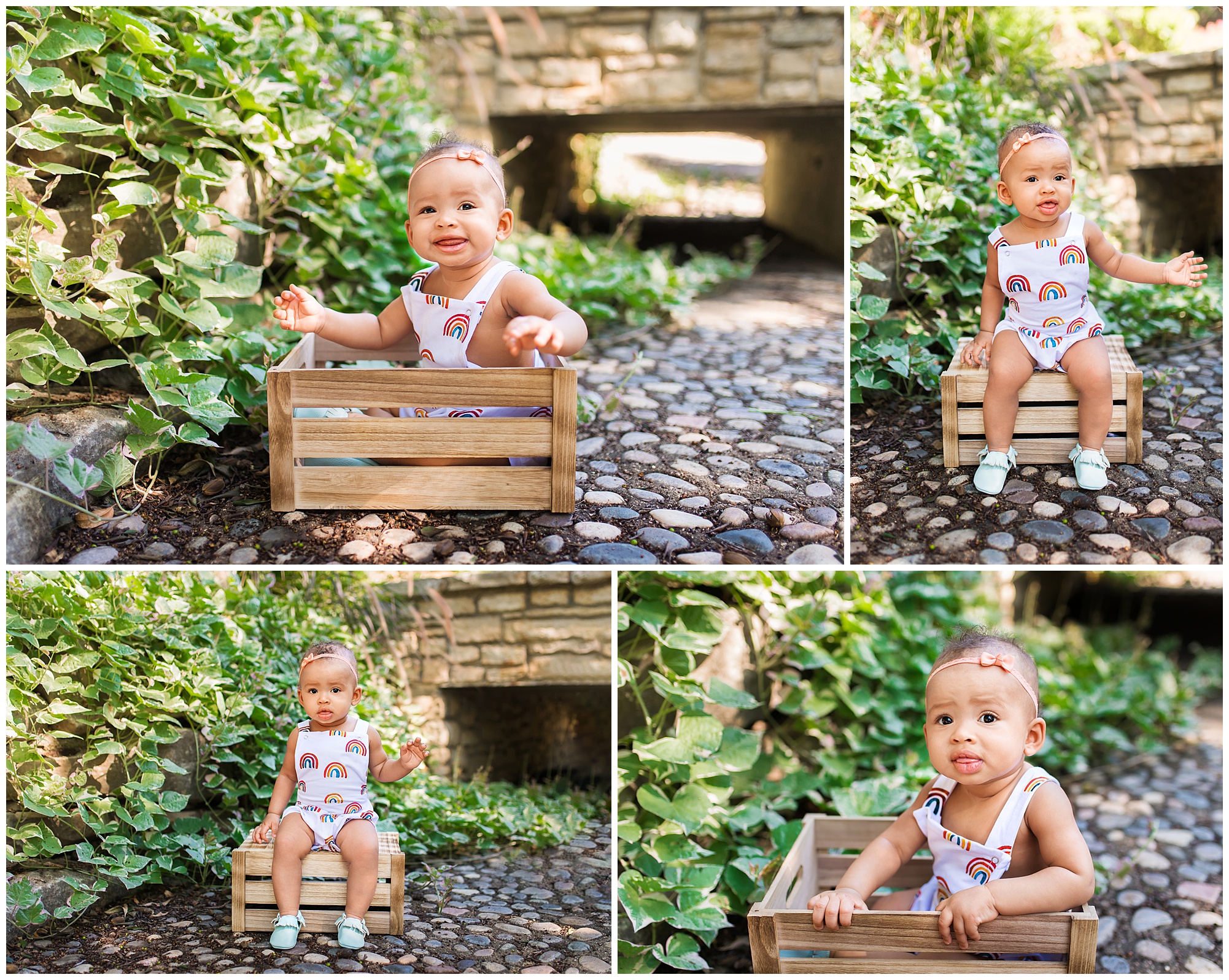 little girl sitting on a basket for her six month photo session