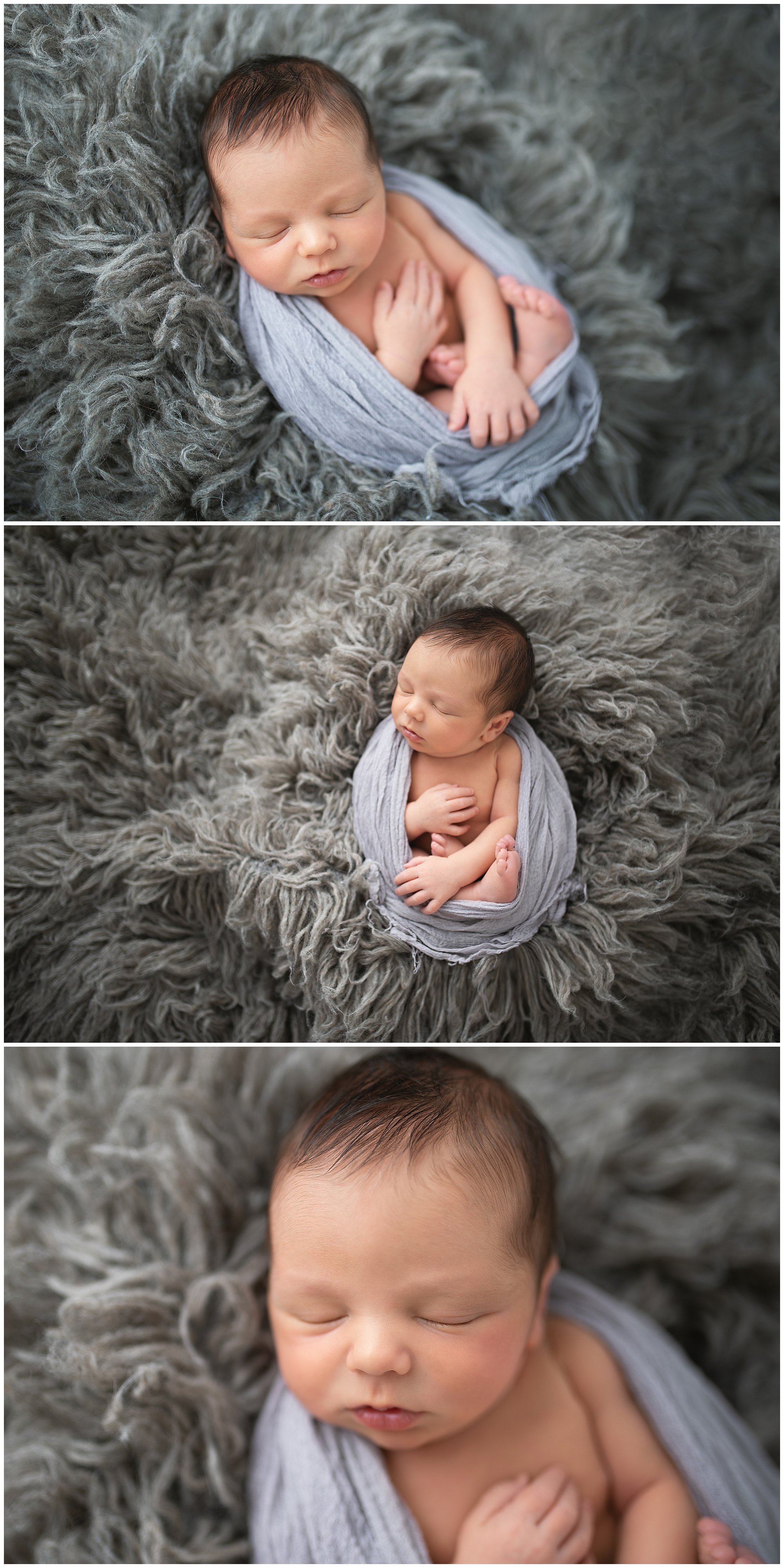 newborn boy wrapped up laying on a rug for his photo session