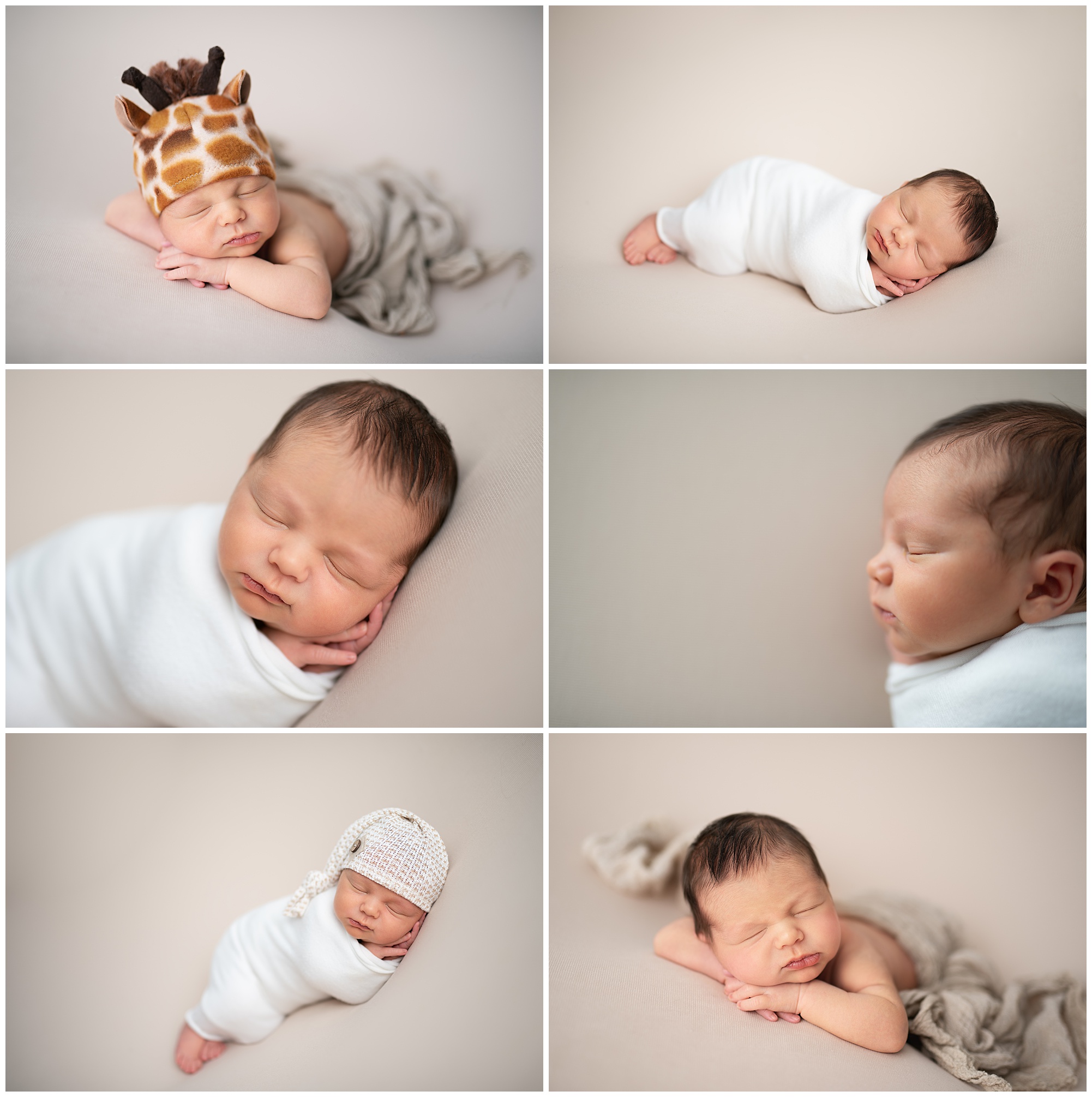 newborn photo session with a giraffe hat