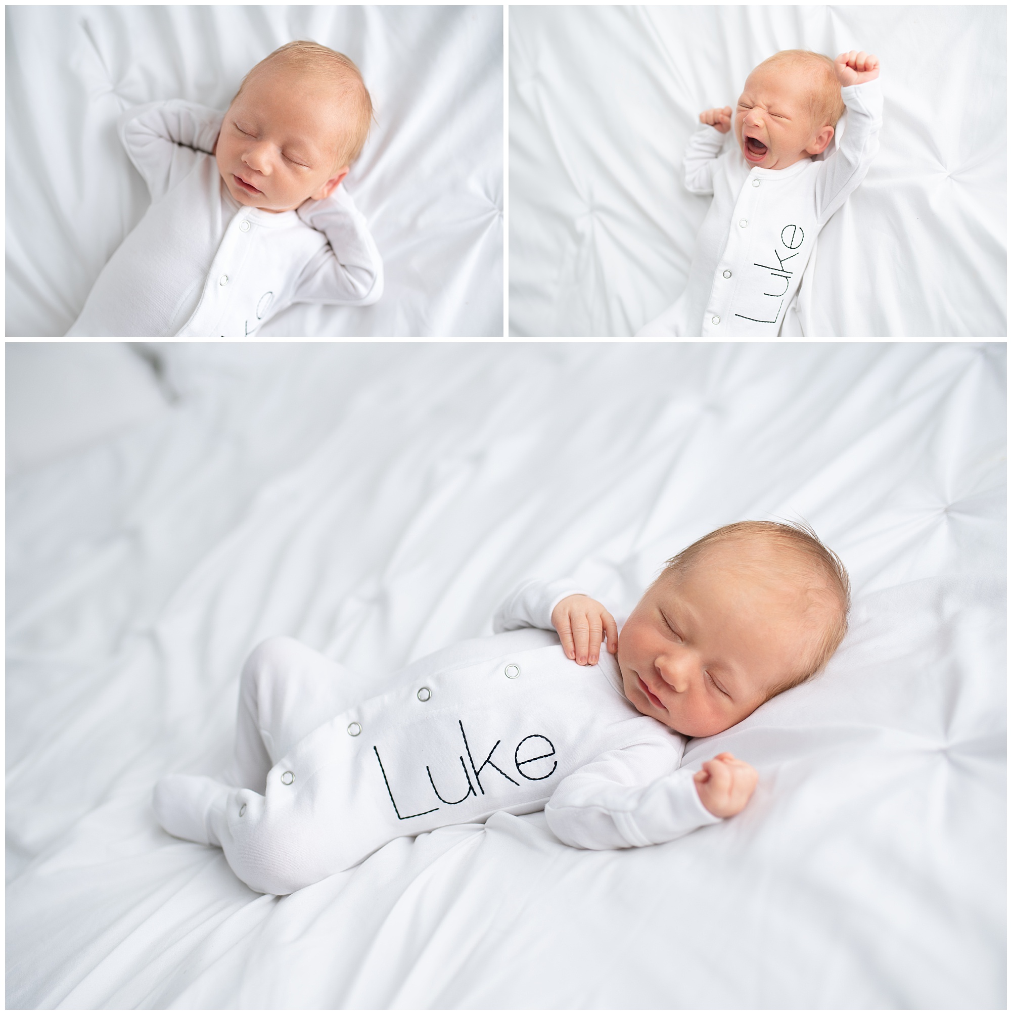 baby Luke stretching during his newborn photo session in the studio