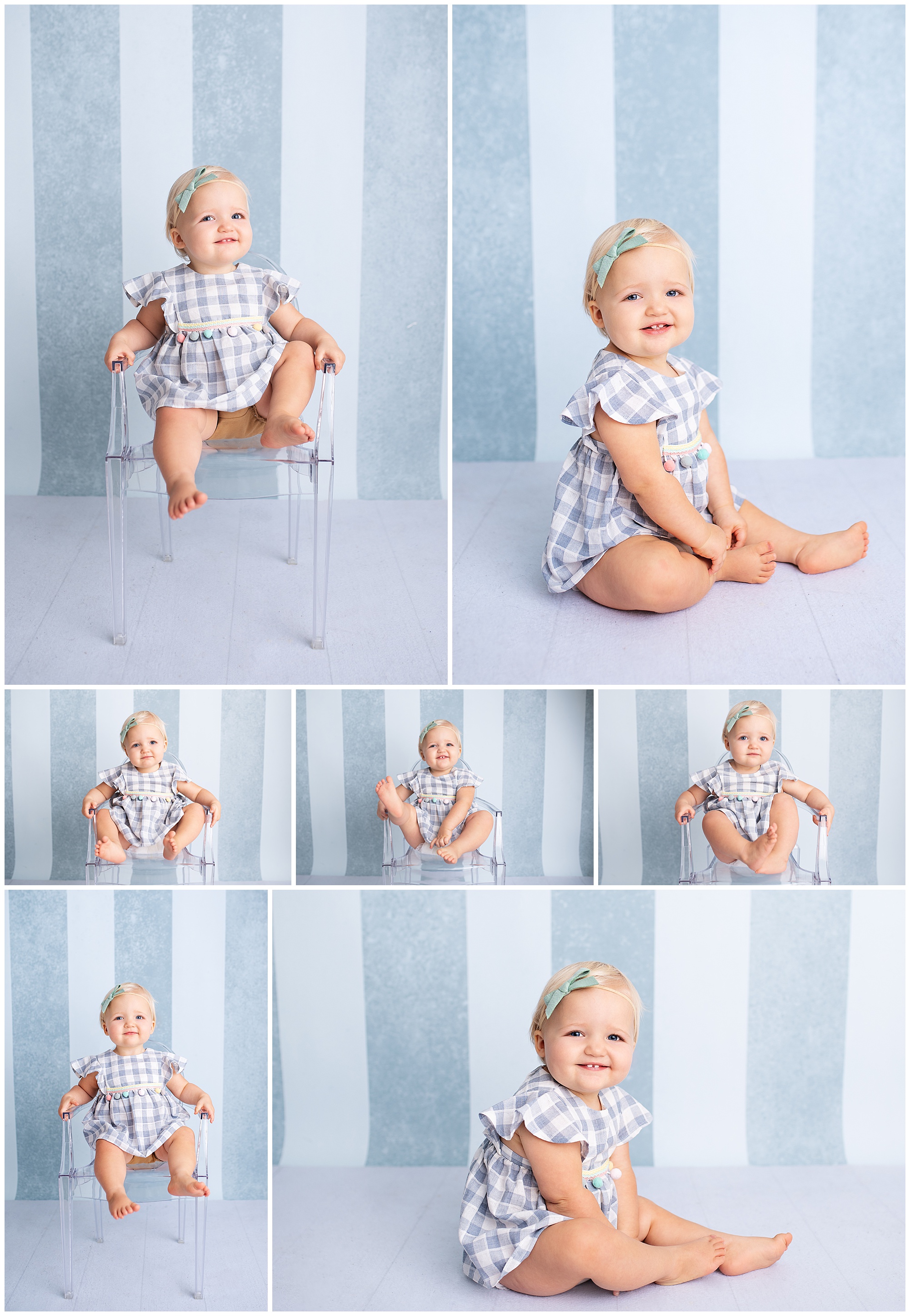 baby girl sitting in a kids ghost chair for her first birthday photo session