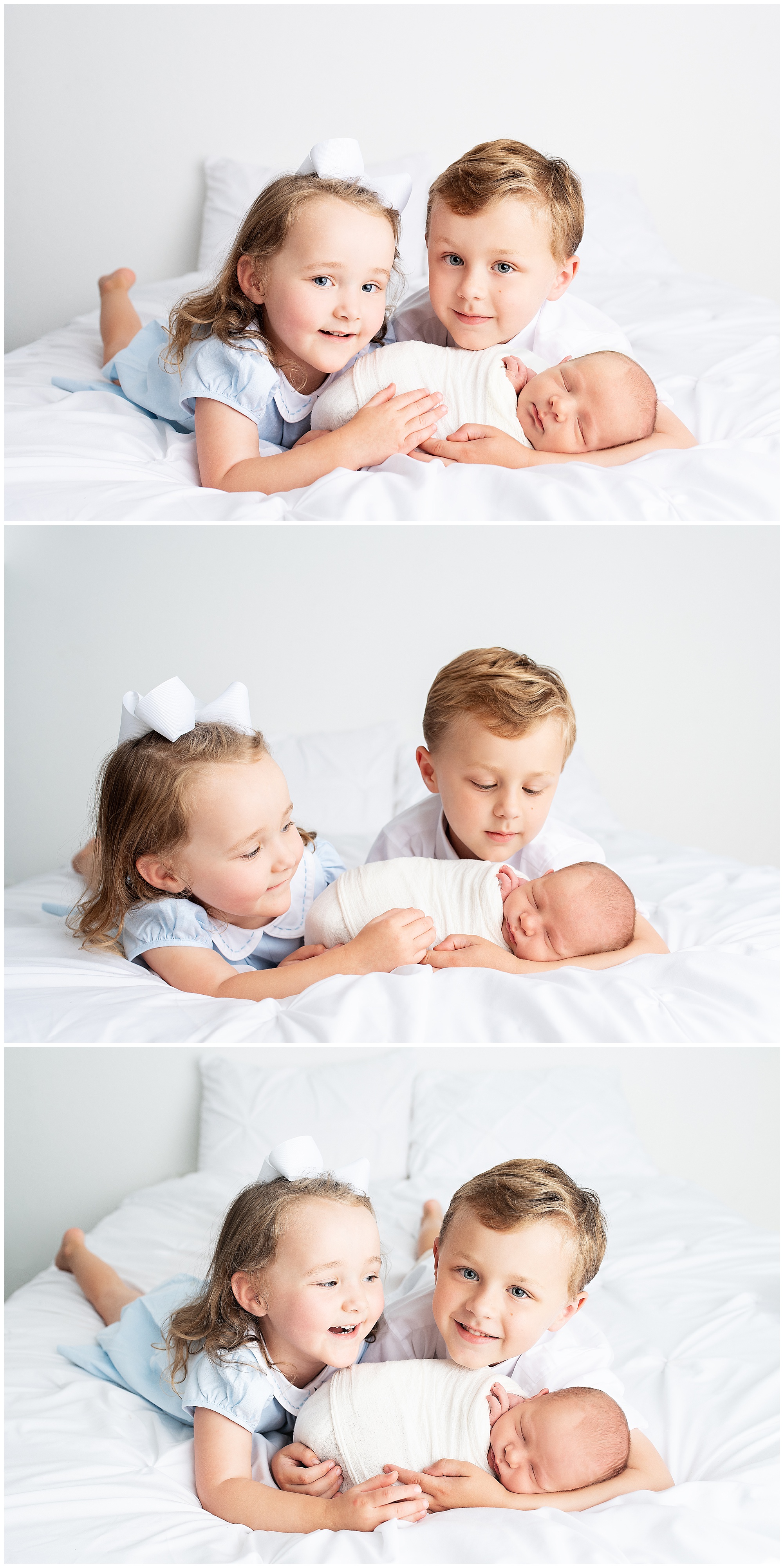 big brother and sister holding their newborn brother