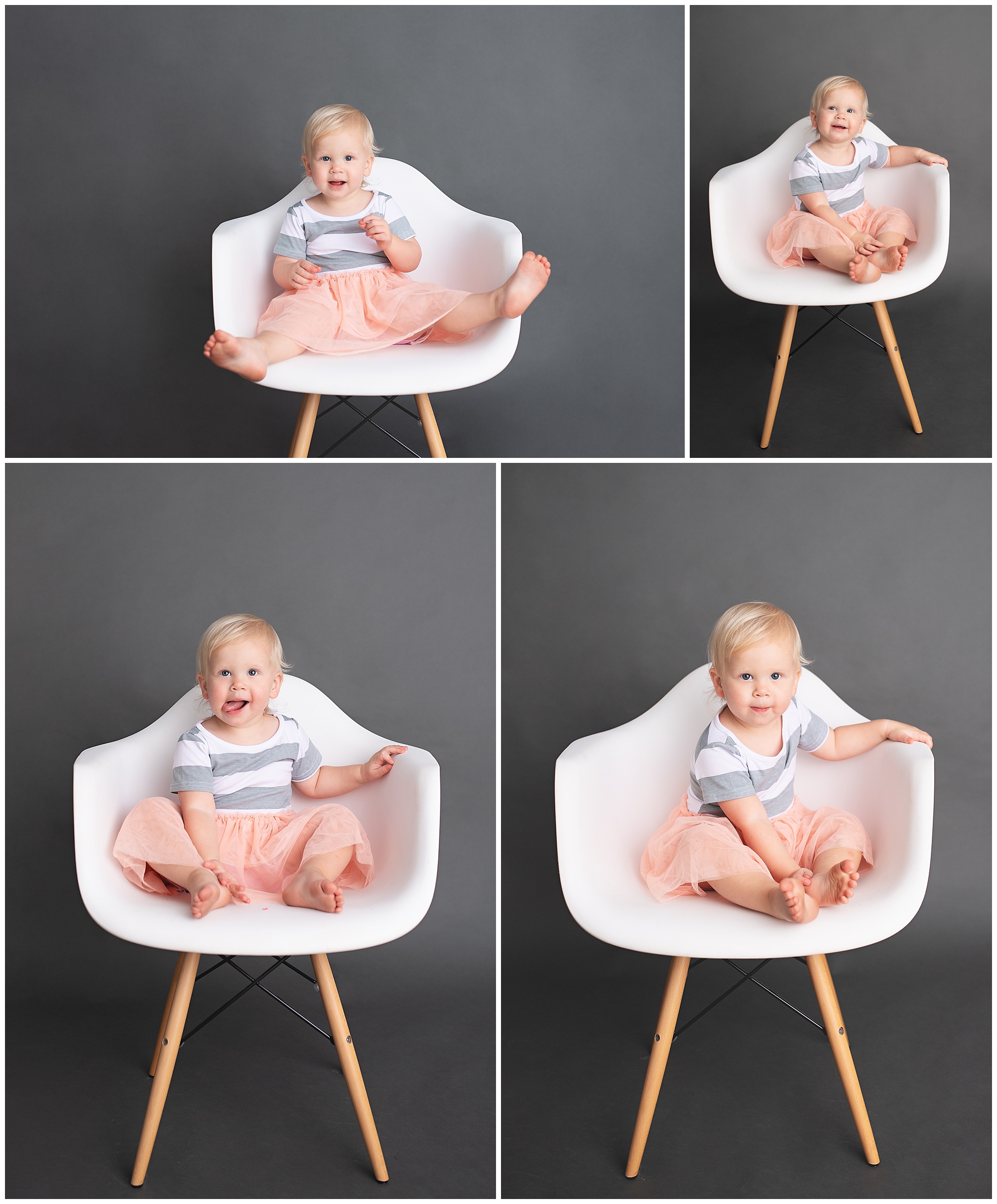 little girl sitting in a big chair in the studio