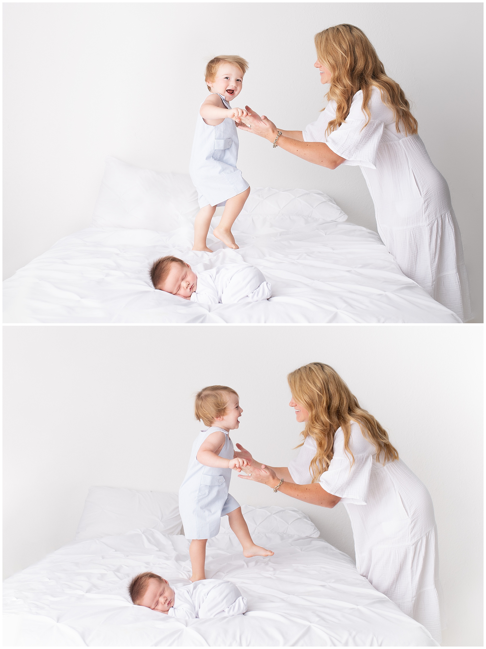 typical life with a toddler and a newborn baby in the studio for newborn photos