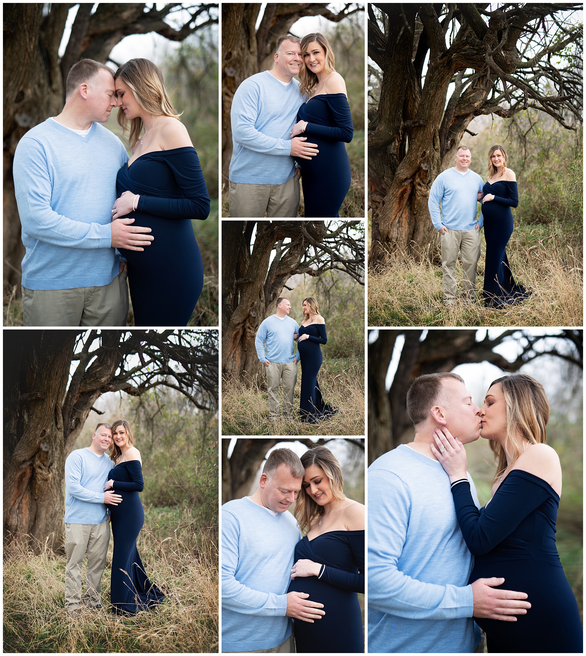 mom and dad posing under a fairy tale style tree for their maternity session