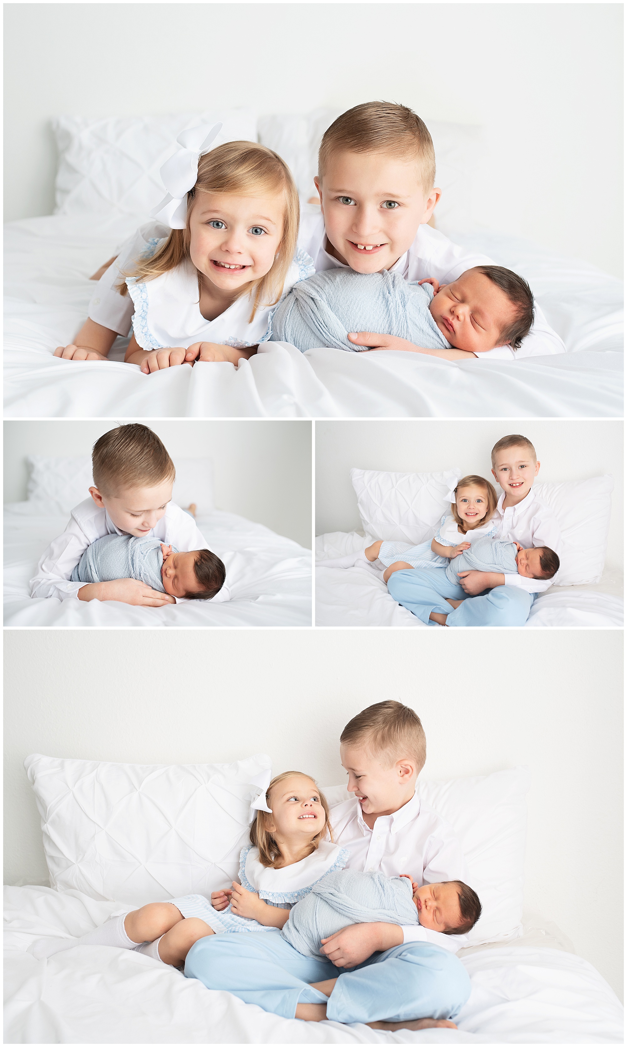 big brother and sister loving their newborn baby brother