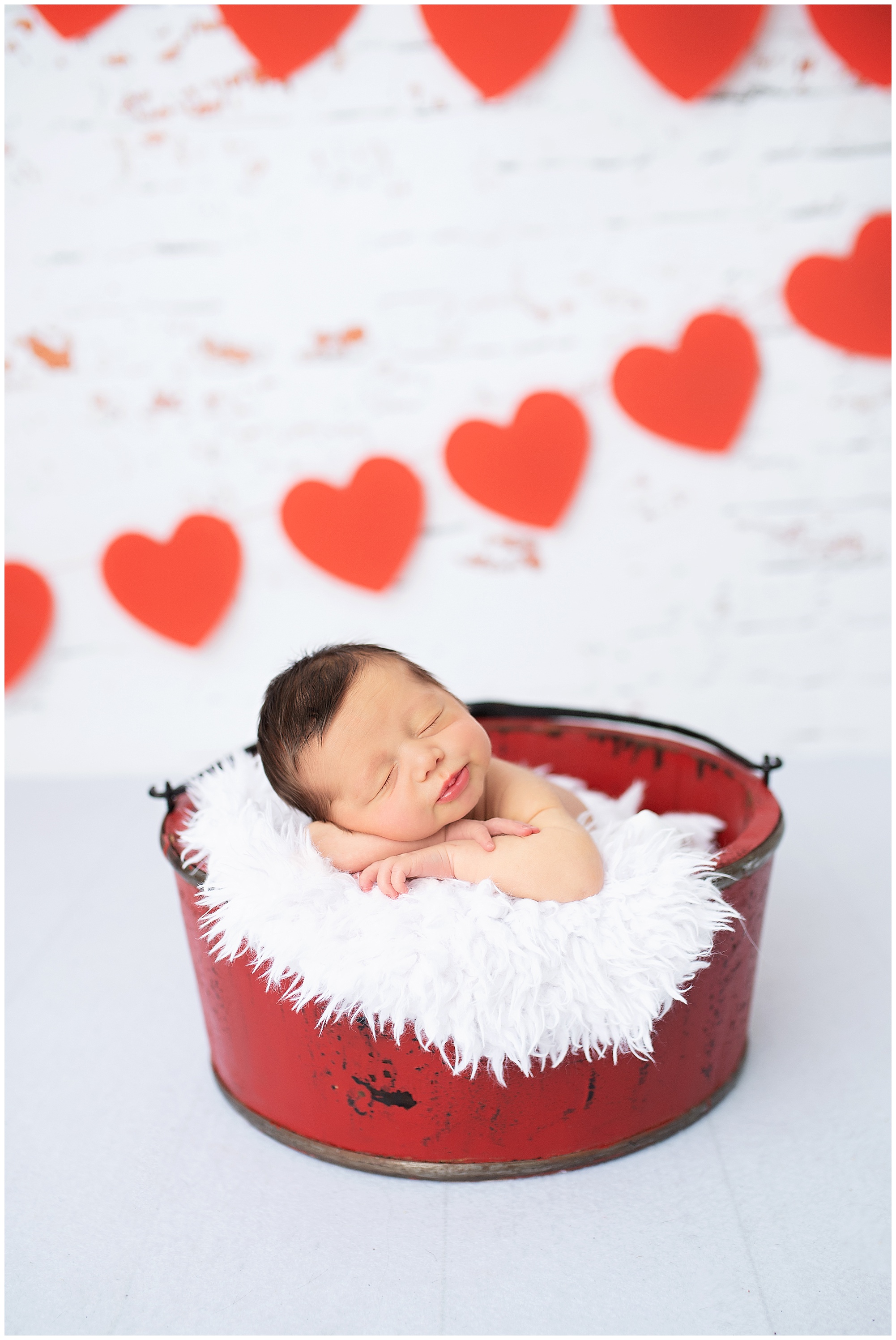 newborn baby boy laying in a bucket for his valentines photo